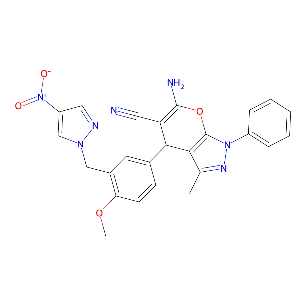 6-amino-4-[4-methoxy-3-[(4-nitropyrazol-1-yl)methyl]phenyl]-3-methyl-1-phenyl-4H-pyrano[2,3-c]pyrazole-5-carbonitrile molecular structure, CAS 370872-58-5