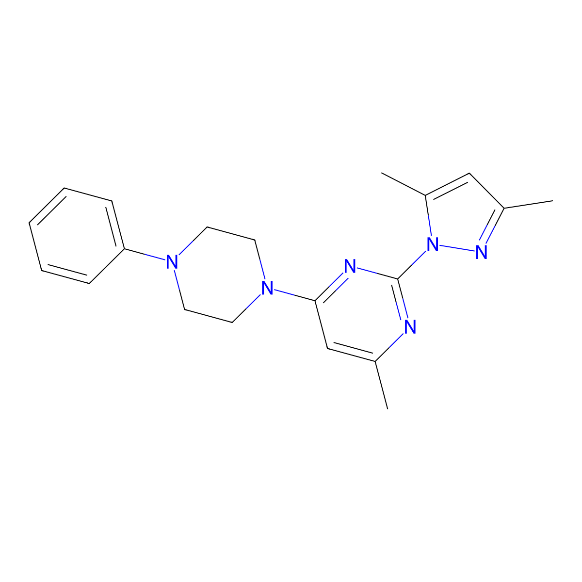 2-(3,5-dimethyl-1H-pyrazol-1-yl)-4-methyl-6-(4-phenylpiperazin-1-yl)pyrimidine molecular structure, CAS 370872-80-3
