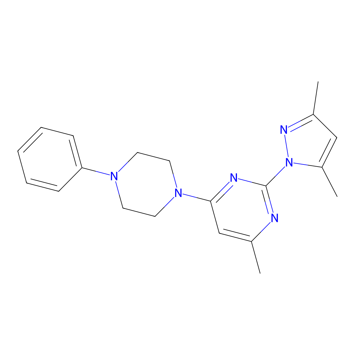 2-(3,5-dimethyl-1H-pyrazol-1-yl)-4-methyl-6-(4-phenylpiperazin-1-yl)pyrimidine molecular structure, CAS 370872-80-3