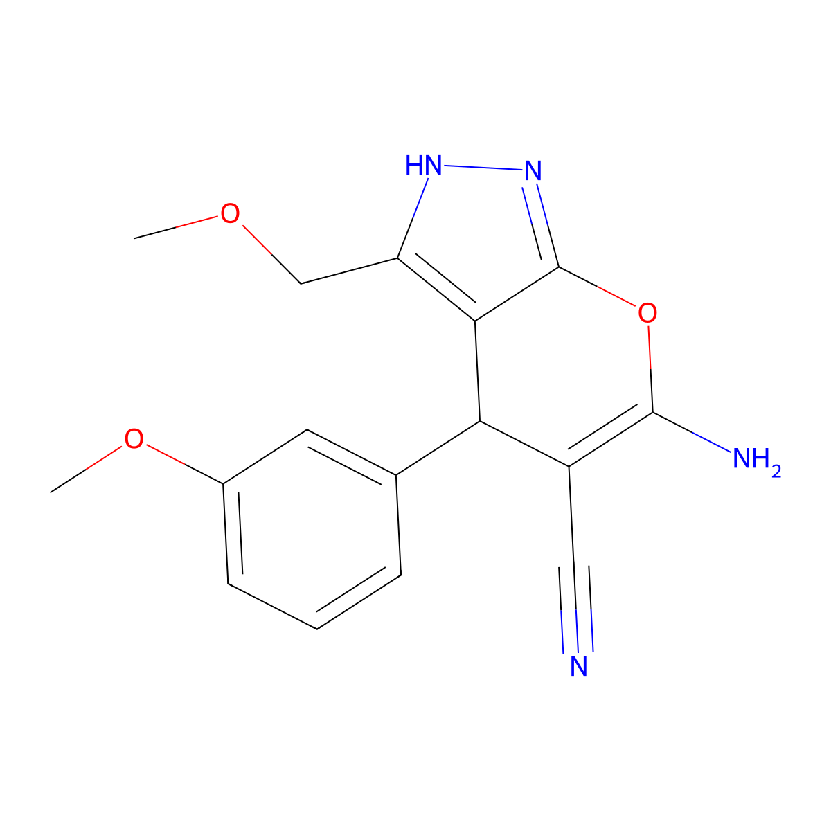6-Amino-3-(methoxymethyl)-4-(3-methoxyphenyl)-1,4-dihydropyrano[2,3-c]pyrazole-5-carbonitrile molecular structure, CAS 370873-05-5