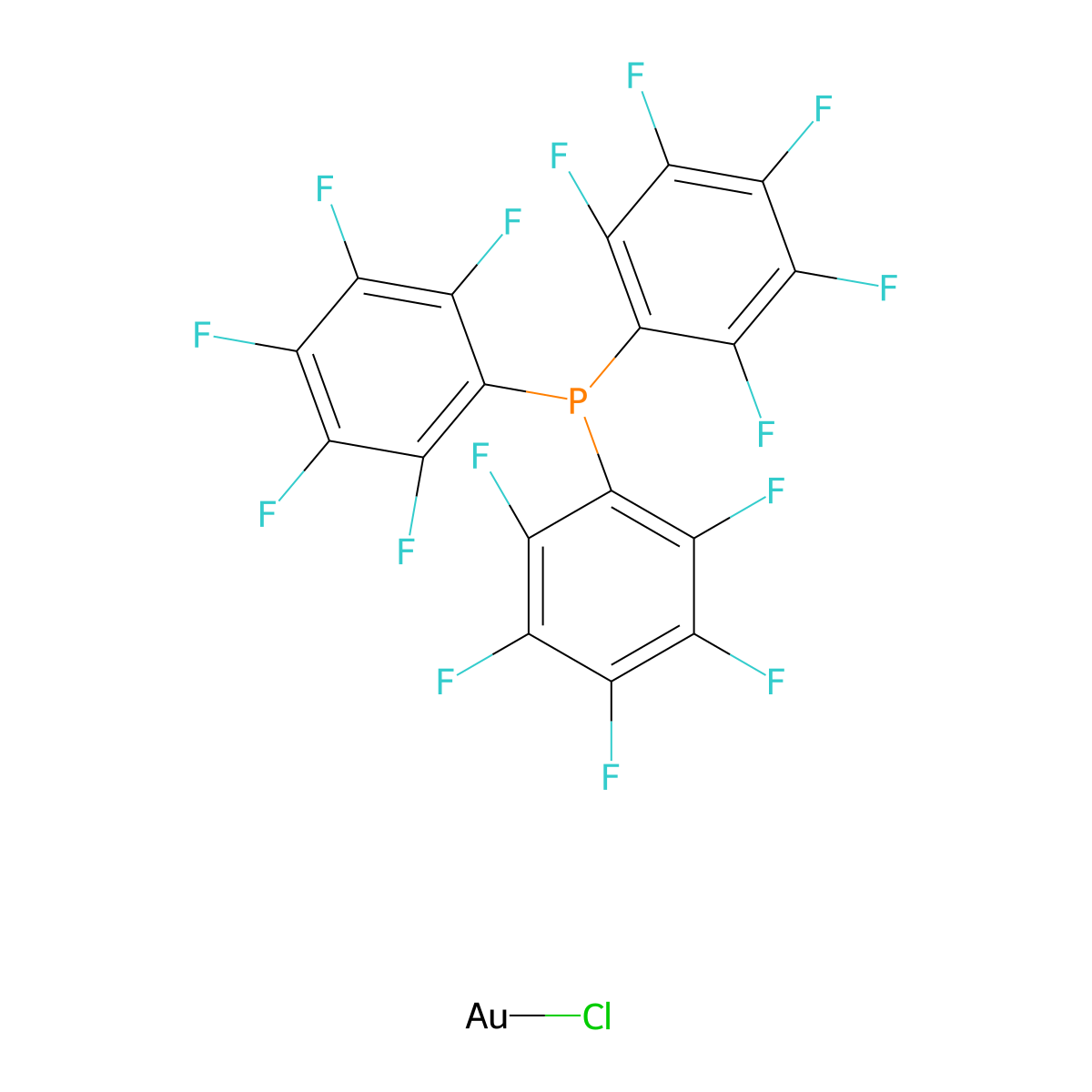 Chloro[tris(2,3,4,5,6-pentafluorophenyl)phoshine]gold(I) molecular structure, CAS 37095-26-4