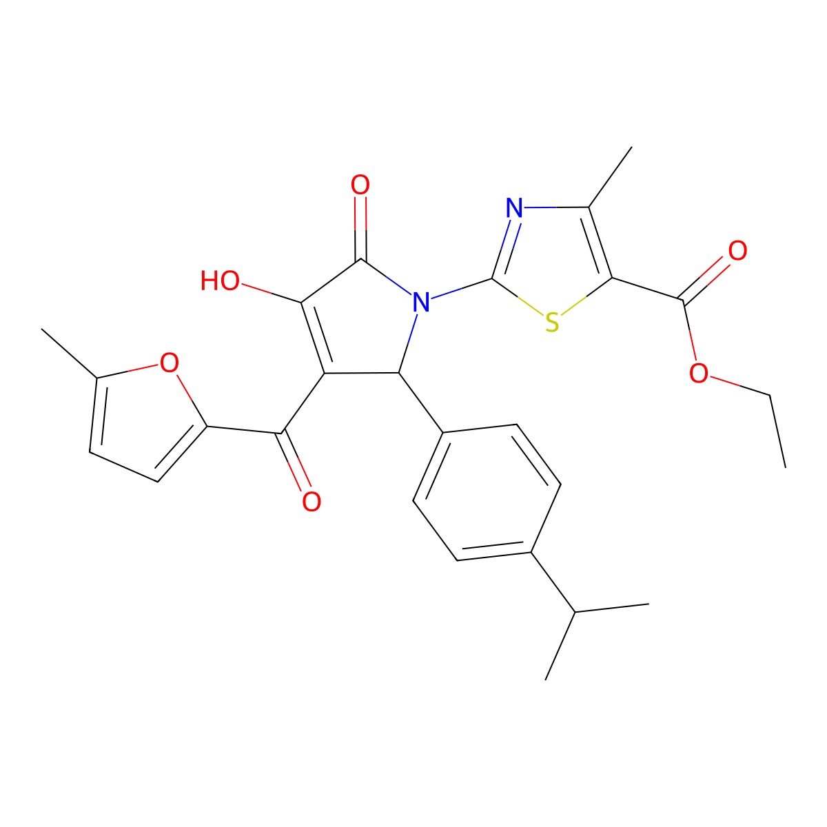 ethyl 2-{(3E)-3-[hydroxy(5-methylfuran-2-yl)methylidene]-4,5-dioxo-2-[4-(propan-2-yl)phenyl]pyrrolidin-1-yl}-4-methyl-1,3-thiazole-5-carboxylate molecular structure, CAS 371115-62-7