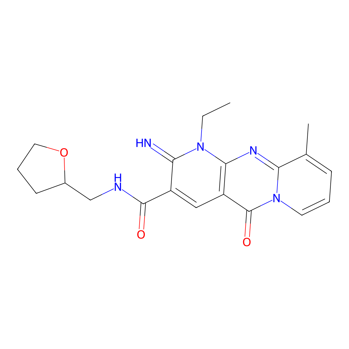 1-Ethyl-2-imino-10-methyl-5-oxo-N-(tetrahydro-2-furanylmethyl)-1,5-dihydro-2H-dipyrido[1,2-A:2,3-D]pyrimidine-3-carboxamide molecular structure, CAS 371115-86-5