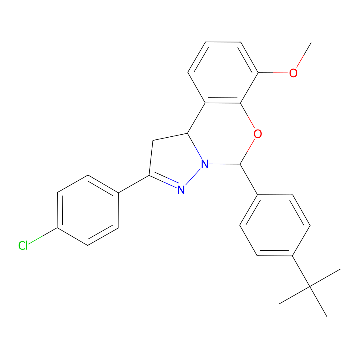 5-(4-Tert-butylphenyl)-2-(4-chlorophenyl)-7-methoxy-1,10b-dihydropyrazolo[1,5-c][1,3]benzoxazine molecular structure, CAS 371116-18-6