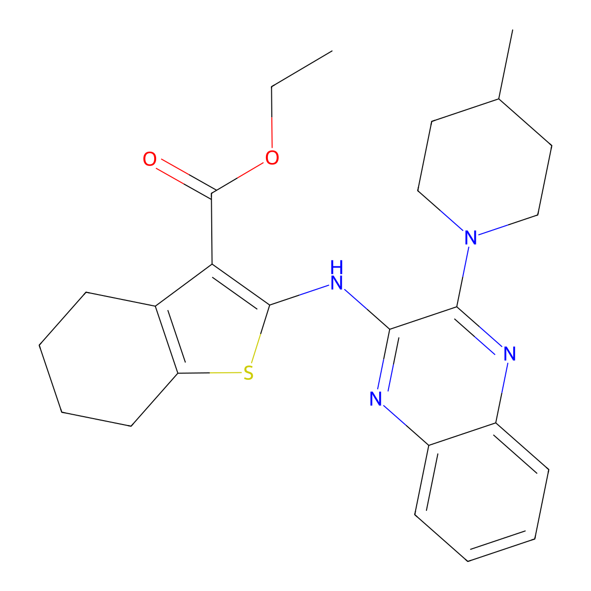 Ethyl 2-{[3-(4-methylpiperidin-1-yl)quinoxalin-2-yl]amino}-4,5,6,7-tetrahydro-1-benzothiophene-3-carboxylate molecular structure, CAS 371116-26-6