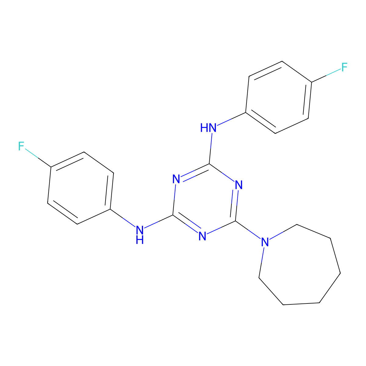 6-(azepan-1-yl)-N,N'-bis(4-fluorophenyl)-1,3,5-triazine-2,4-diamine molecular structure, CAS 371116-60-8