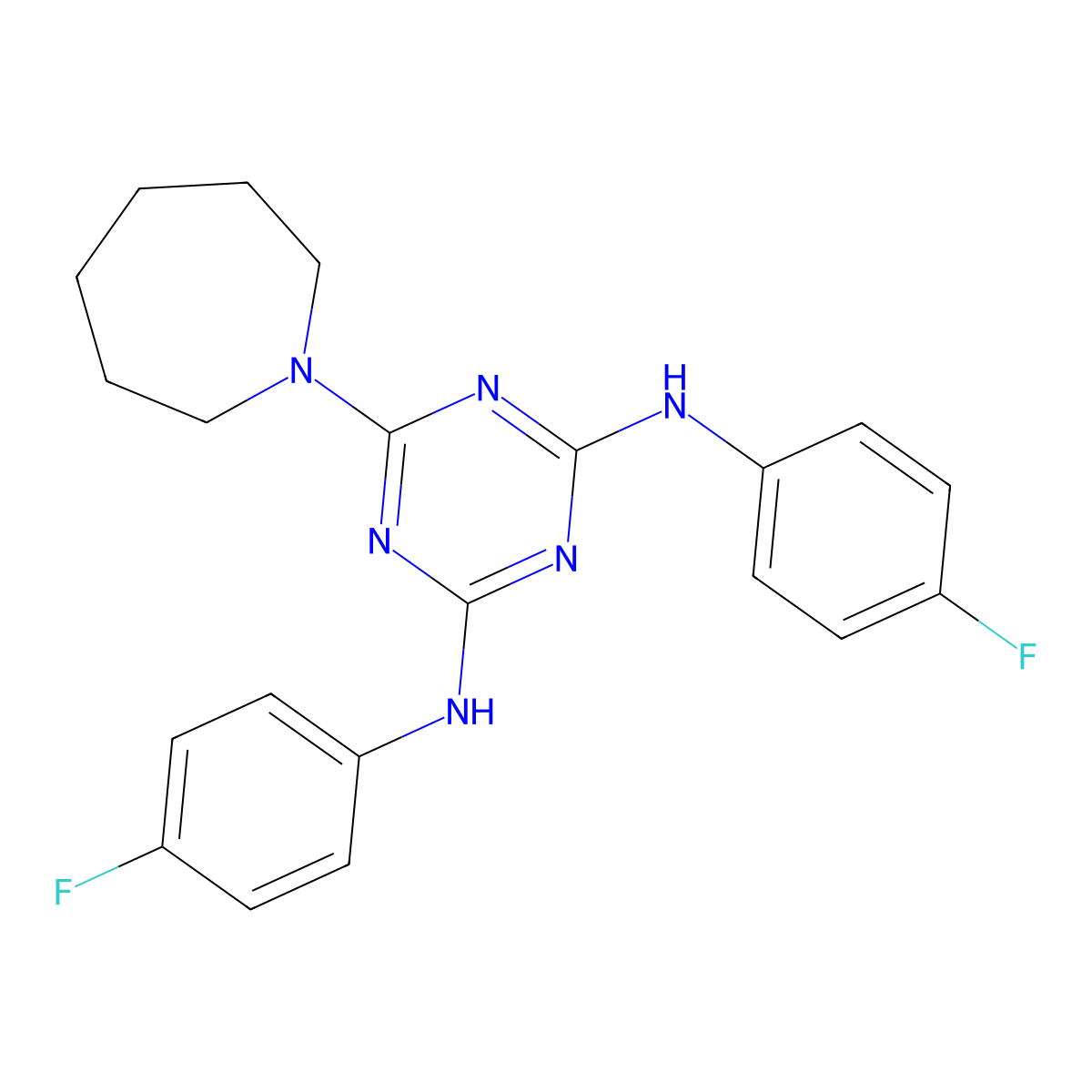 6-(azepan-1-yl)-N,N'-bis(4-fluorophenyl)-1,3,5-triazine-2,4-diamine molecular structure, CAS 371116-60-8
