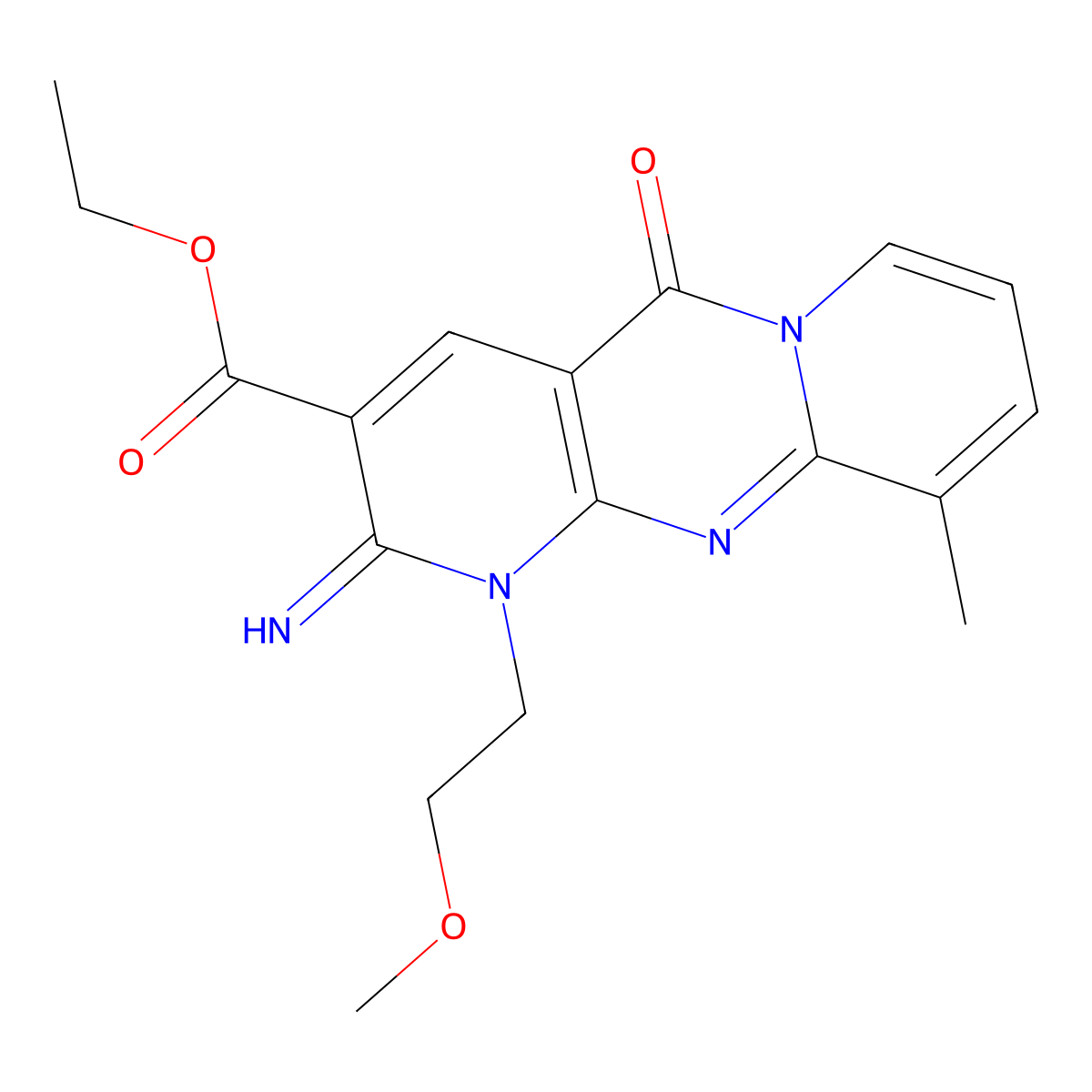 Ethyl 2-imino-1-(2-methoxyethyl)-10-methyl-5-oxo-1,5-dihydro-2H-dipyrido[1,2-A:2,3-D]pyrimidine-3-carboxylate molecular structure, CAS 371116-82-4