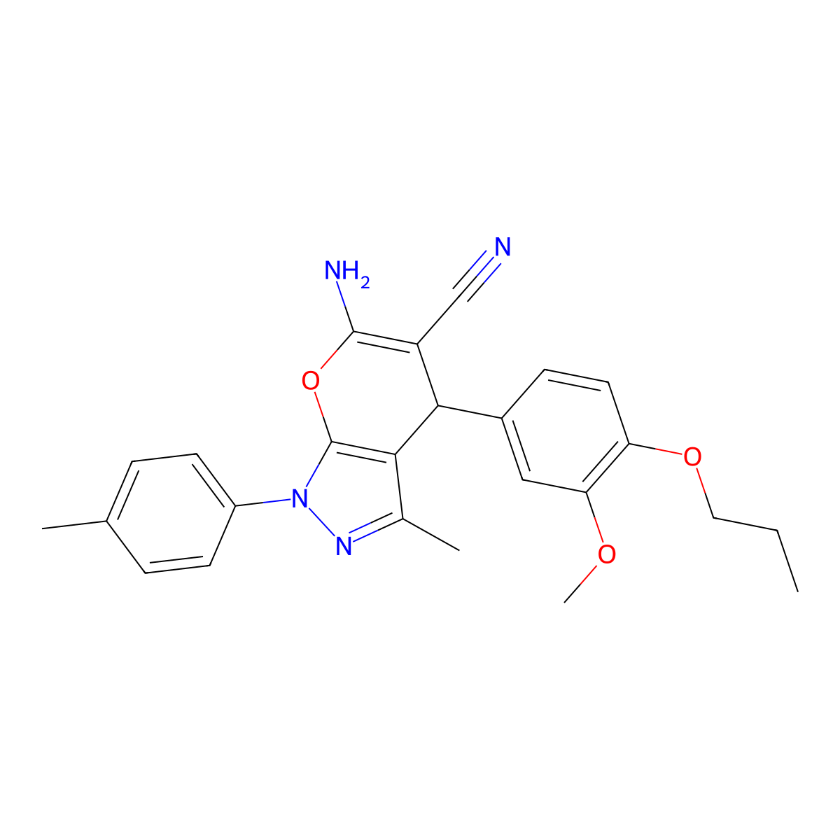 6-amino-4-(3-methoxy-4-propoxyphenyl)-3-methyl-1-(4-methylphenyl)-4H-pyrano[2,3-c]pyrazole-5-carbonitrile molecular structure, CAS 371117-06-5