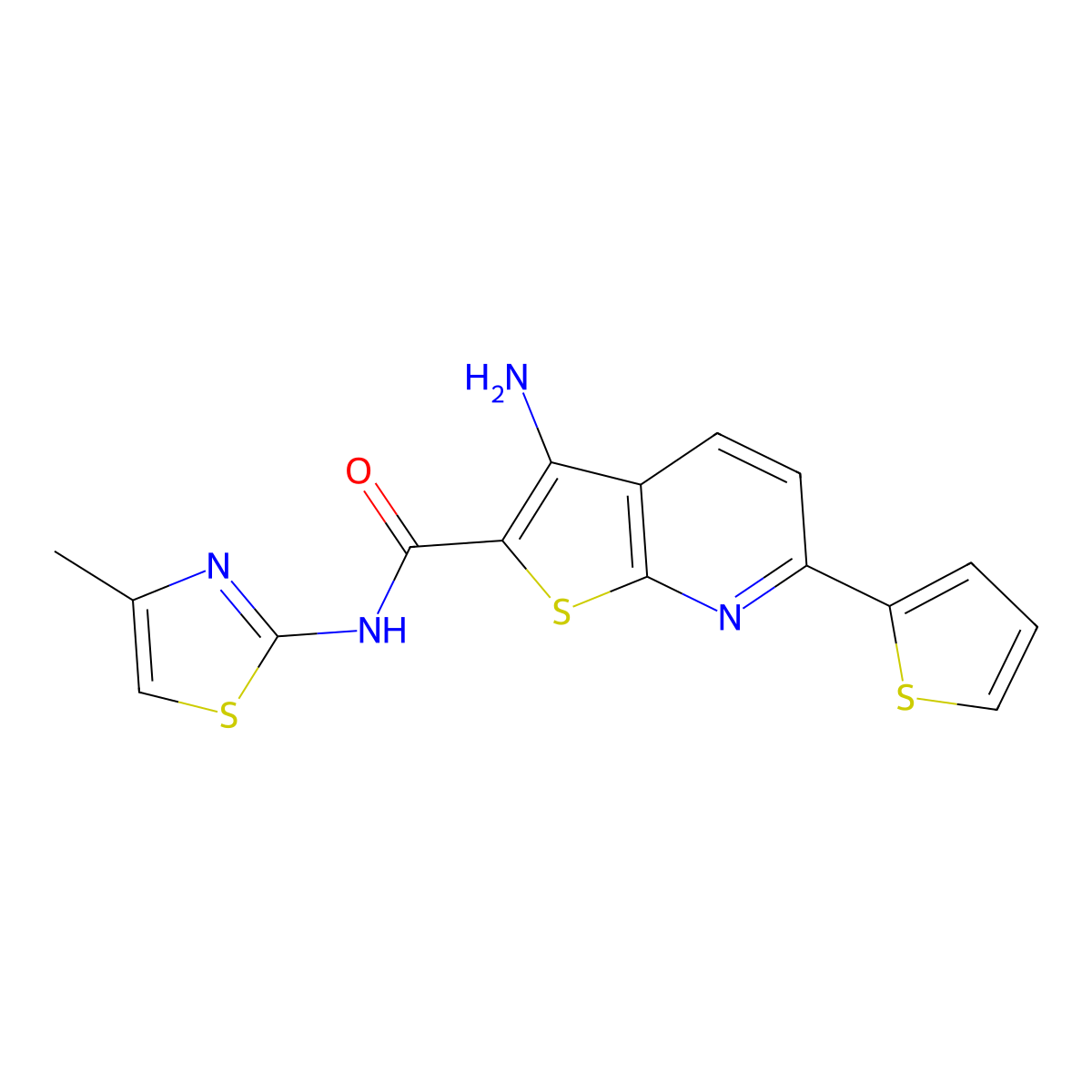 3-amino-N-(4-methyl-1,3-thiazol-2-yl)-6-thiophen-2-ylthieno[2,3-b]pyridine-2-carboxamide molecular structure, CAS 371117-13-4
