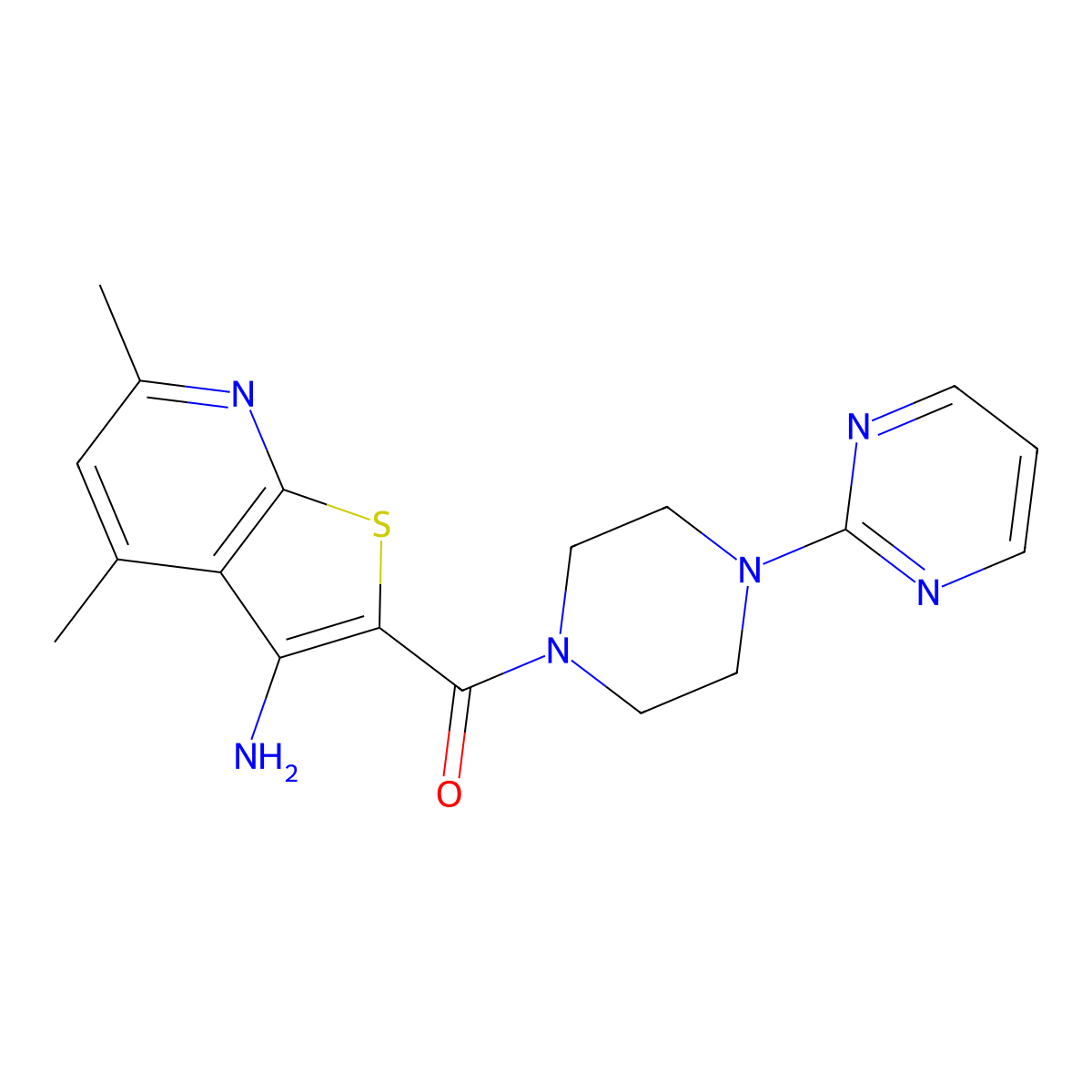 (3-Amino-4,6-dimethylthieno[2,3-b]pyridin-2-yl)-(4-pyrimidin-2-ylpiperazin-1-yl)methanone molecular structure, CAS 371117-71-4