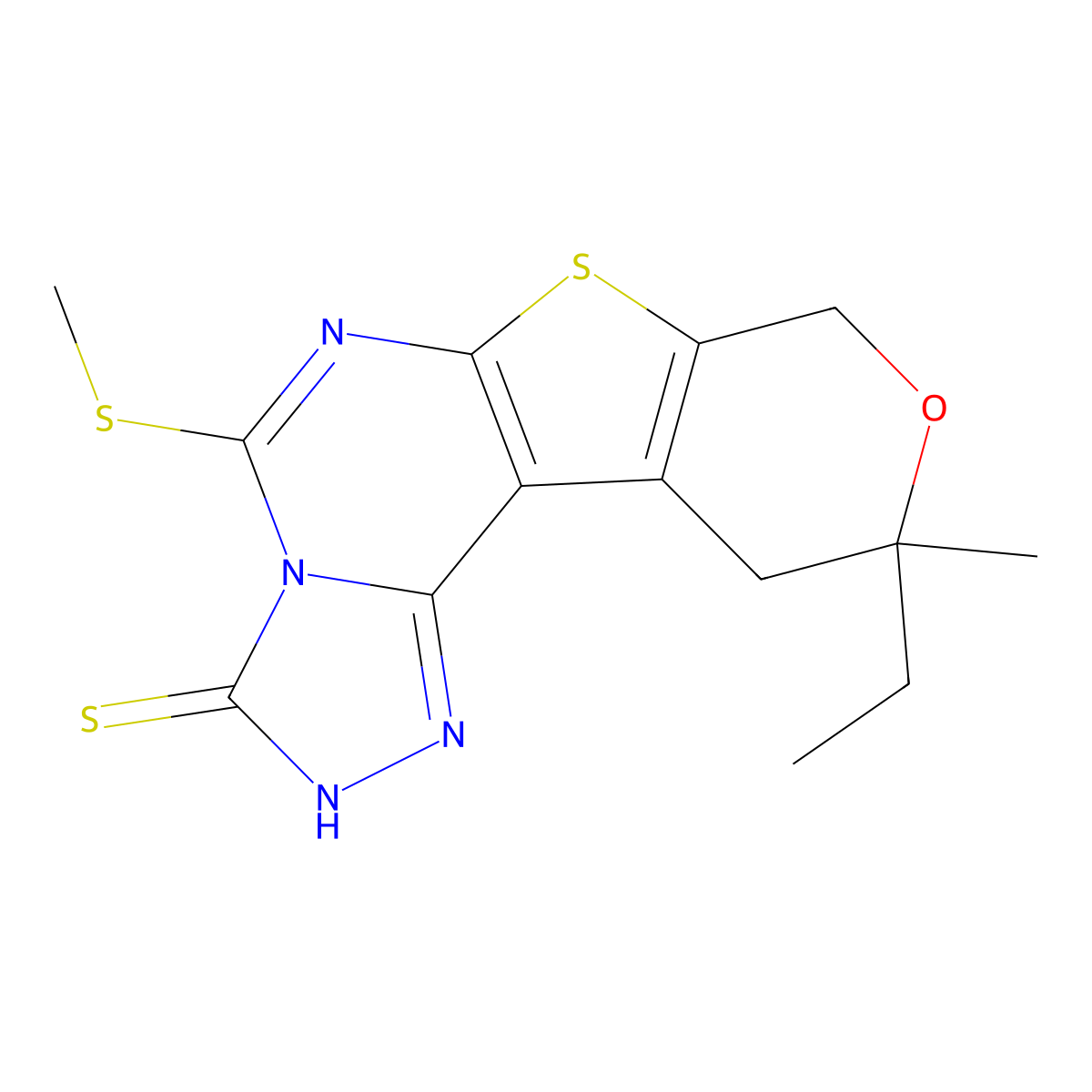 10-ethyl-10-methyl-5-(methylsulfanyl)-10,11-dihydro-8H-pyrano[4',3':4,5]thieno[3,2-e][1,2,4]triazolo[4,3-c]pyrimidine-3-thiol molecular structure, CAS 371118-09-1