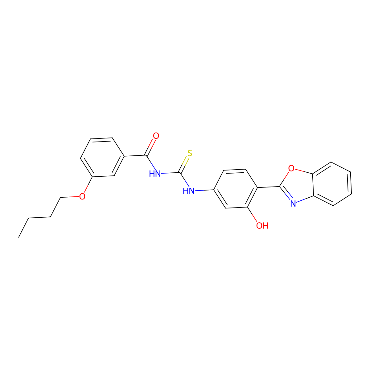 N-[4-(1,3-benzoxazol-2-yl)-3-hydroxyphenyl]-N'-(3-butoxybenzoyl)thiourea molecular structure, CAS 371118-14-8