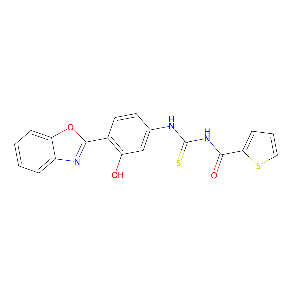 N-((4-(benzo[d]oxazol-2-yl)-3-hydroxyphenyl)carbamothioyl)thiophene-2-carboxamide molecular structure, CAS 371118-26-2