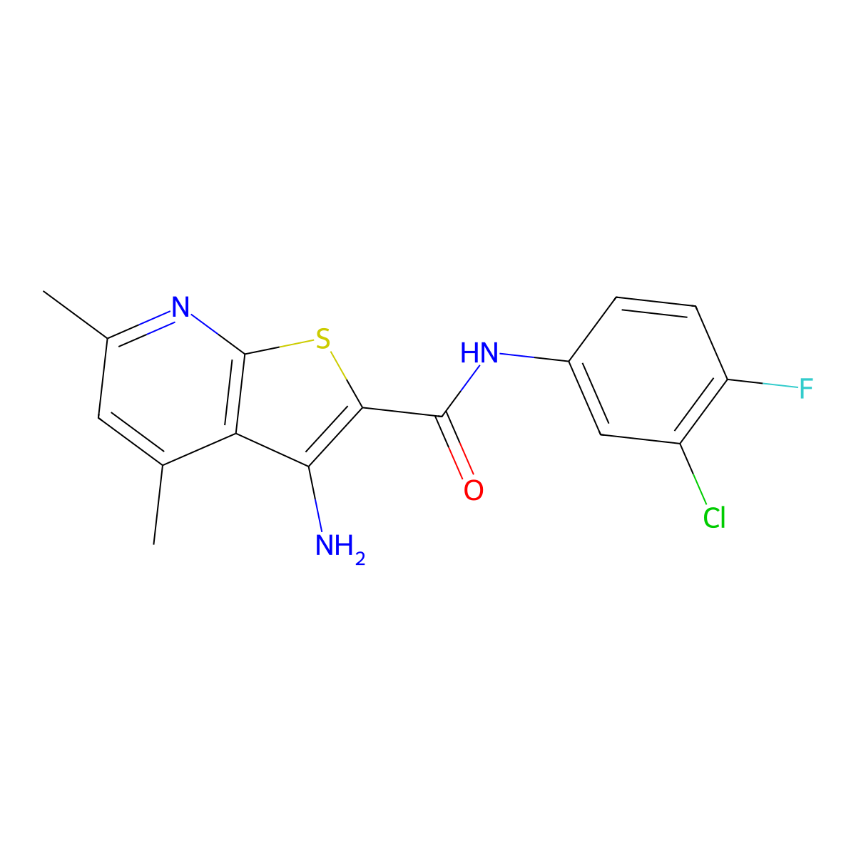 3-amino-N-(3-chloro-4-fluorophenyl)-4,6-dimethylthieno[2,3-b]pyridine-2-carboxamide molecular structure, CAS 371118-27-3