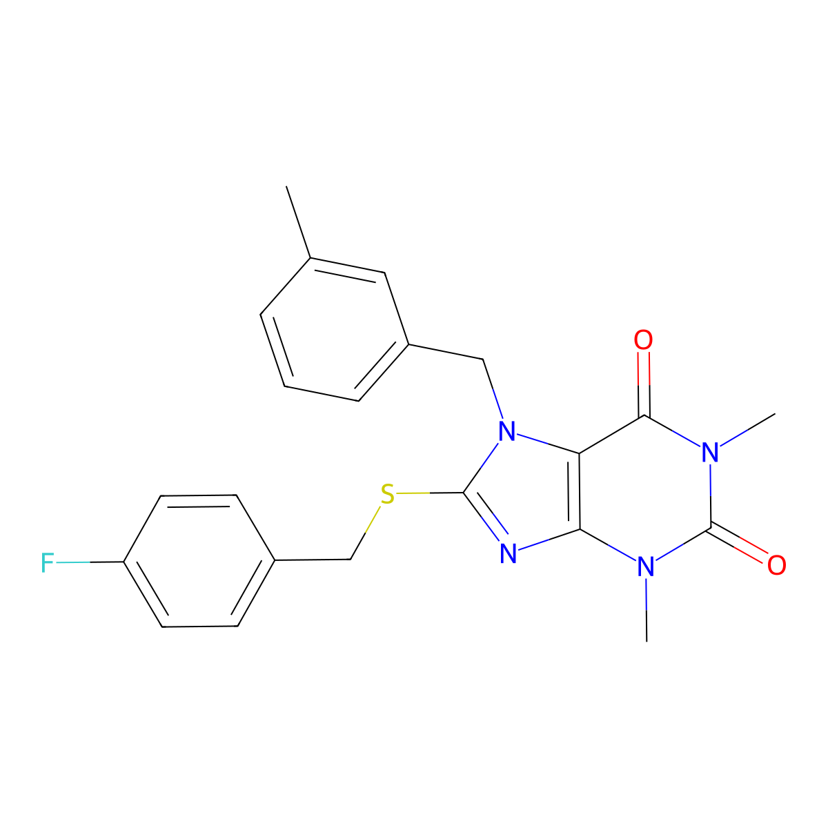 8-((4-fluorobenzyl)thio)-1,3-dimethyl-7-(3-methylbenzyl)-1H-purine-2,6(3H,7H)-dione molecular structure, CAS 371118-87-5
