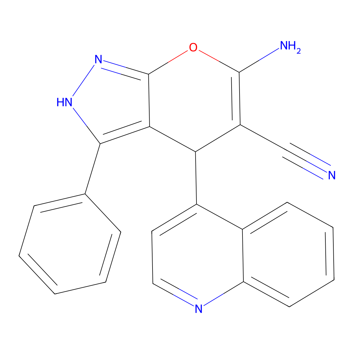 6-Amino-3-phenyl-4-quinolin-4-yl-2,4-dihydropyrano[2,3-c]pyrazole-5-carbonitrile molecular structure, CAS 371119-17-4