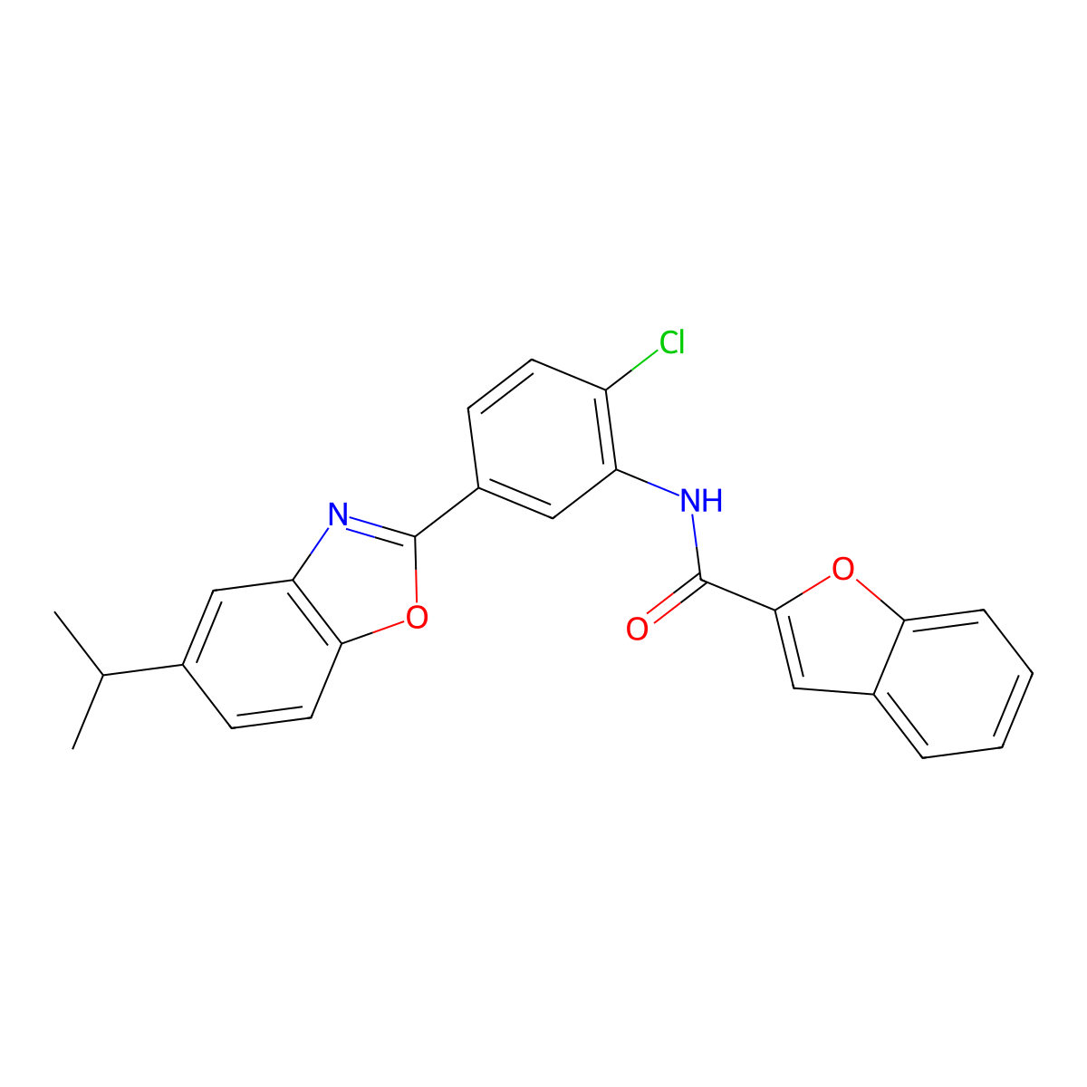 N-[2-chloro-5-(5-propan-2-yl-1,3-benzoxazol-2-yl)phenyl]-1-benzofuran-2-carboxamide molecular structure, CAS 371119-61-8