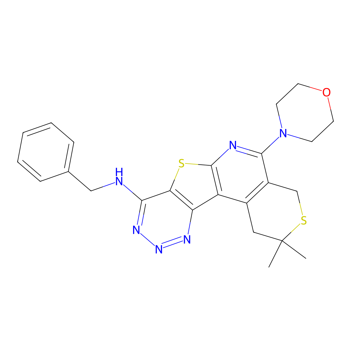 N-benzyl-2,2-dimethyl-5-morpholino-2,4-dihydro-1H-thiopyrano[4'',3'':4',5']pyrido[3',2':4,5]thieno[3,2-d][1,2,3]triazin-8-amine molecular structure, CAS 371123-68-1
