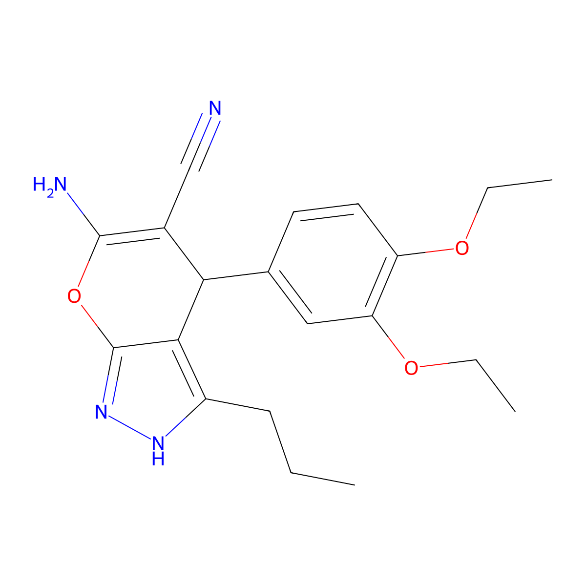 6-Amino-4-(3,4-diethoxyphenyl)-3-propyl-1,4-dihydropyrano[2,3-c]pyrazole-5-carbonitrile molecular structure, CAS 371123-81-8