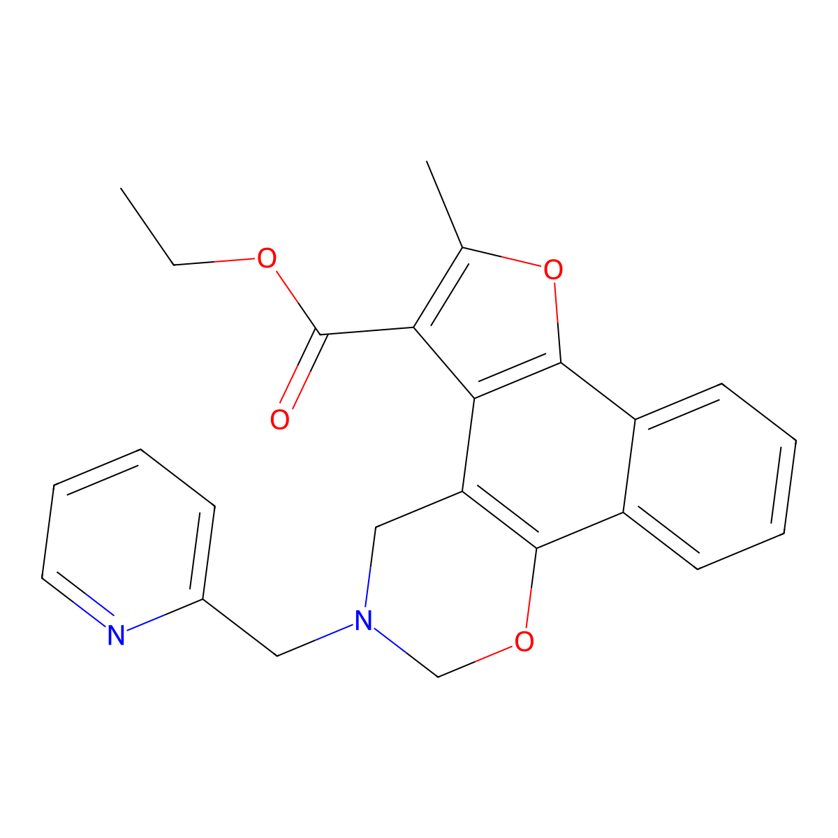 ethyl 6-methyl-3-(pyridin-2-ylmethyl)-3,4-dihydro-2H-furo[3',2':3,4]naphtho[2,1-e][1,3]oxazine-5-carboxylate molecular structure, CAS 371123-96-5