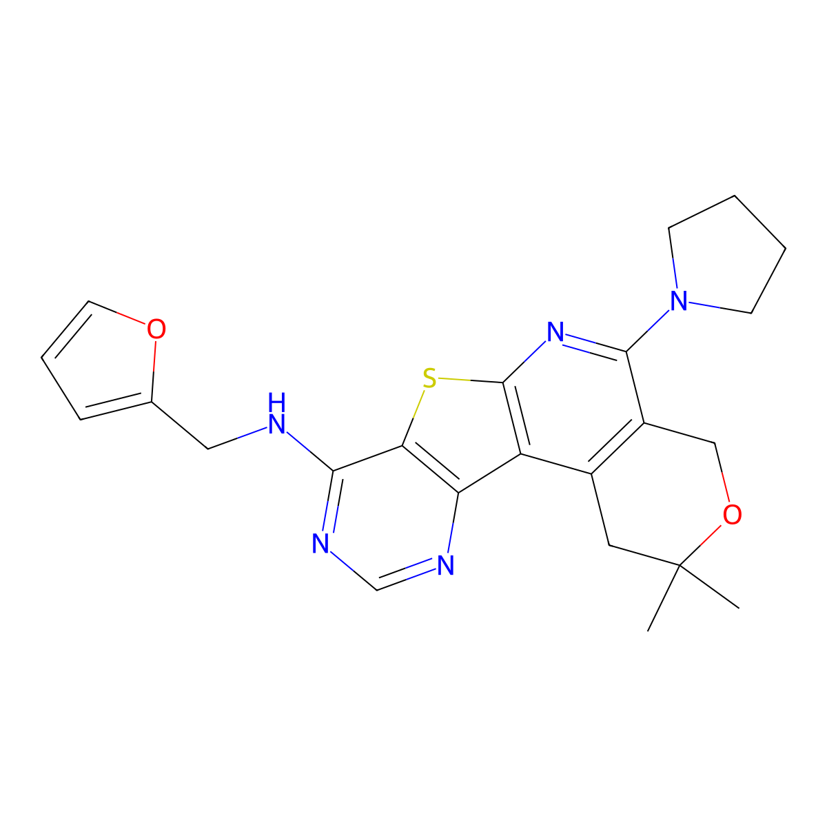 N-(furan-2-ylmethyl)-2,2-dimethyl-5-(pyrrolidin-1-yl)-2,4-dihydro-1H-pyrano[4'',3'':4',5']pyrido[3',2':4,5]thieno[3,2-d]pyrimidin-8-amine molecular structure, CAS 371124-36-6