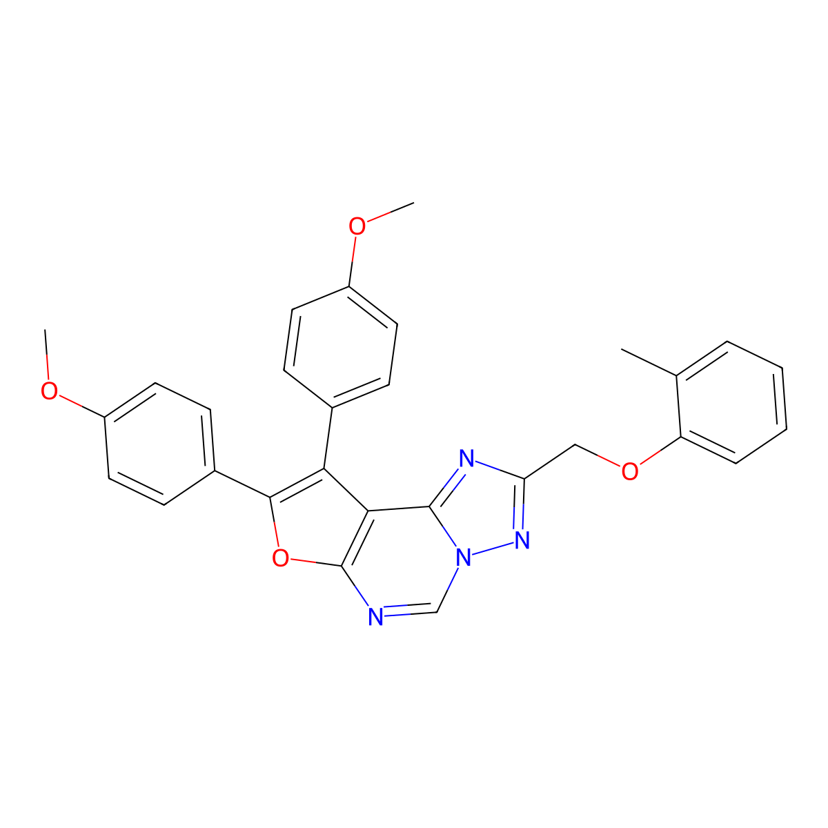 8,9-Bis(4-methoxyphenyl)-2-((o-tolyloxy)methyl)furo[3,2-e][1,2,4]triazolo[1,5-c]pyrimidine molecular structure, CAS 371124-50-4