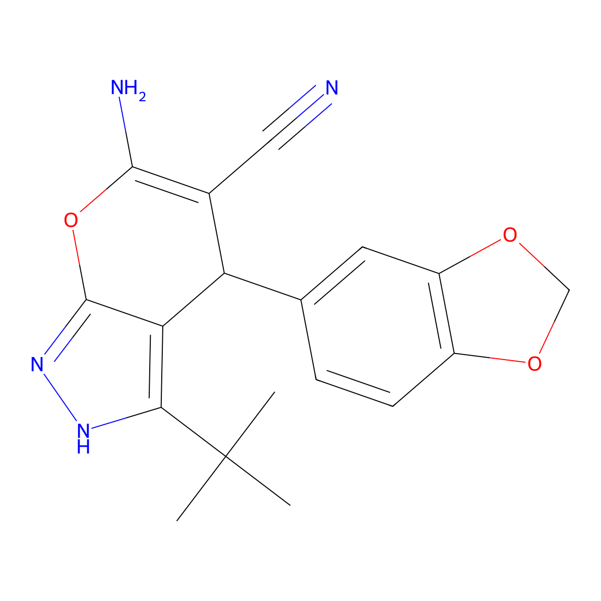 6-Amino-4-(1,3-benzodioxol-5-yl)-3-tert-butyl-1,4-dihydropyrano[2,3-c]pyrazole-5-carbonitrile molecular structure, CAS 371124-86-6