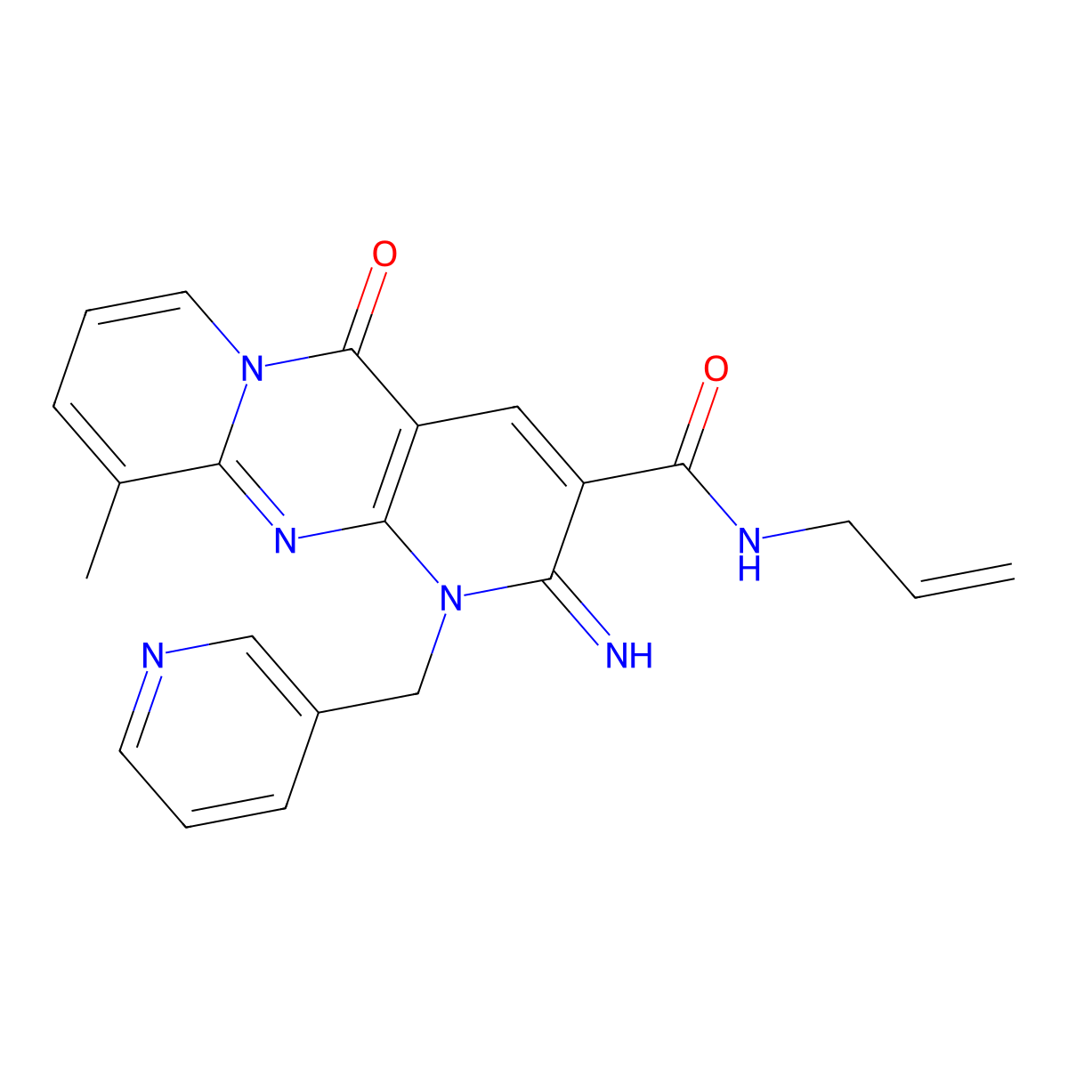 N-Allyl-2-imino-10-methyl-5-oxo-1-(3-pyridinylmethyl)-1,5-dihydro-2H-dipyrido[1,2-A:2,3-D]pyrimidine-3-carboxamide molecular structure, CAS 371124-90-2