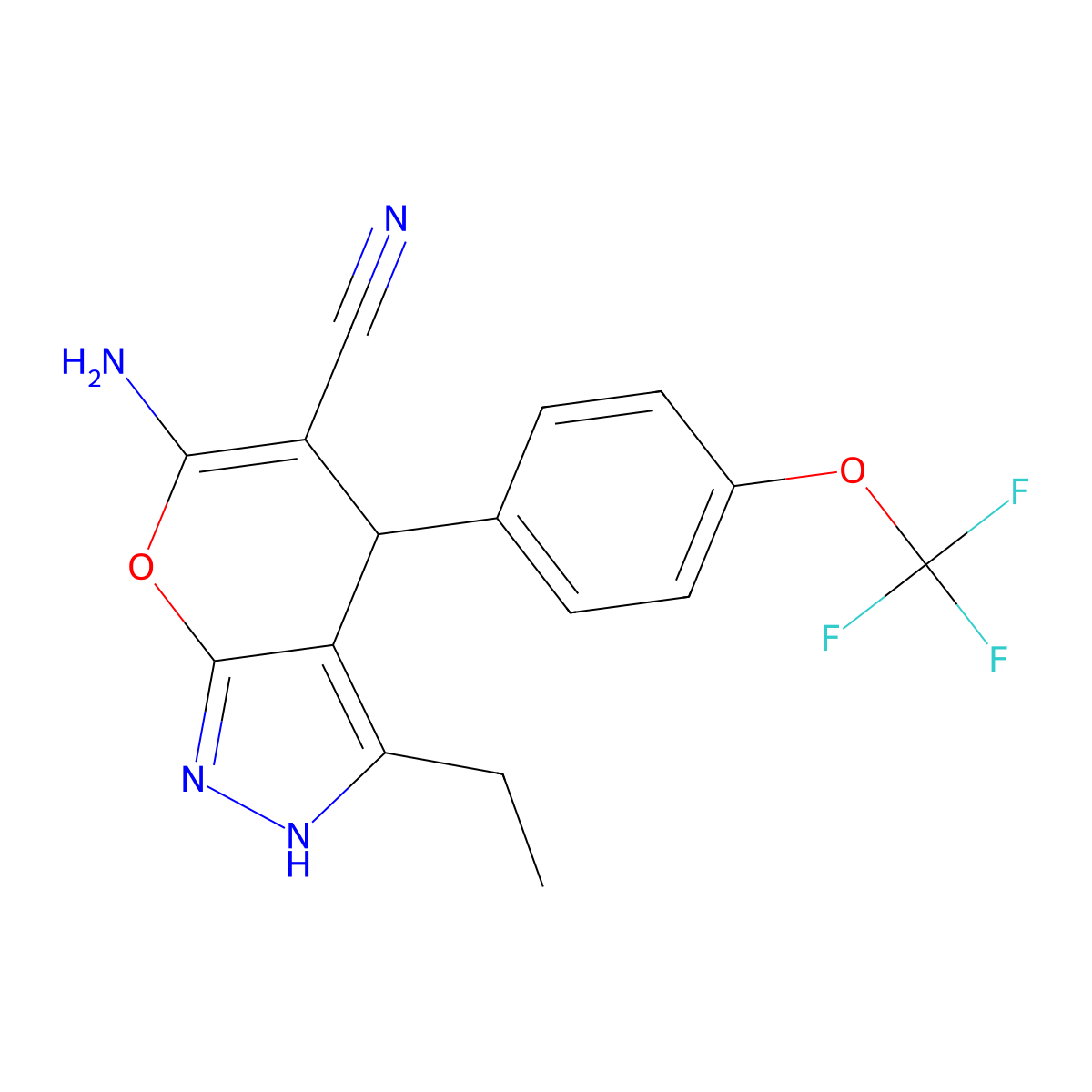 6-Amino-3-ethyl-4-[4-(trifluoromethoxy)phenyl]-2,4-dihydropyrano[2,3-c]pyrazole-5-carbonitrile molecular structure, CAS 371125-40-5