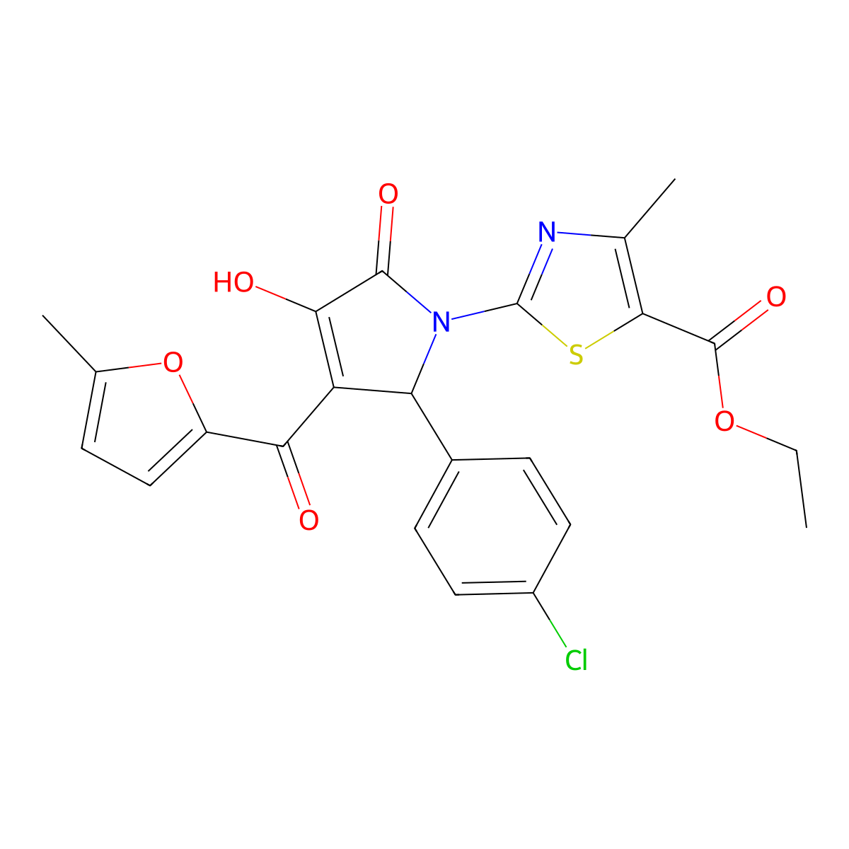 ethyl 2-{(3E)-2-(4-chlorophenyl)-3-[hydroxy(5-methylfuran-2-yl)methylidene]-4,5-dioxopyrrolidin-1-yl}-4-methyl-1,3-thiazole-5-carboxylate molecular structure, CAS 371125-48-3