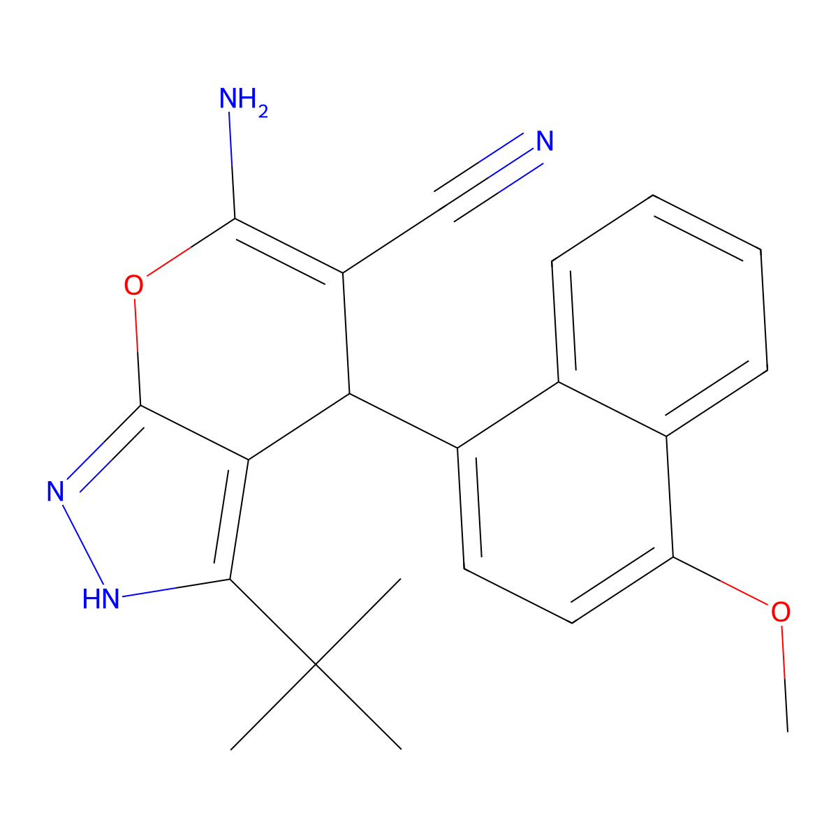 6-Amino-3-tert-butyl-4-(4-methoxynaphthalen-1-yl)-2,4-dihydropyrano[2,3-c]pyrazole-5-carbonitrile molecular structure, CAS 371126-02-2