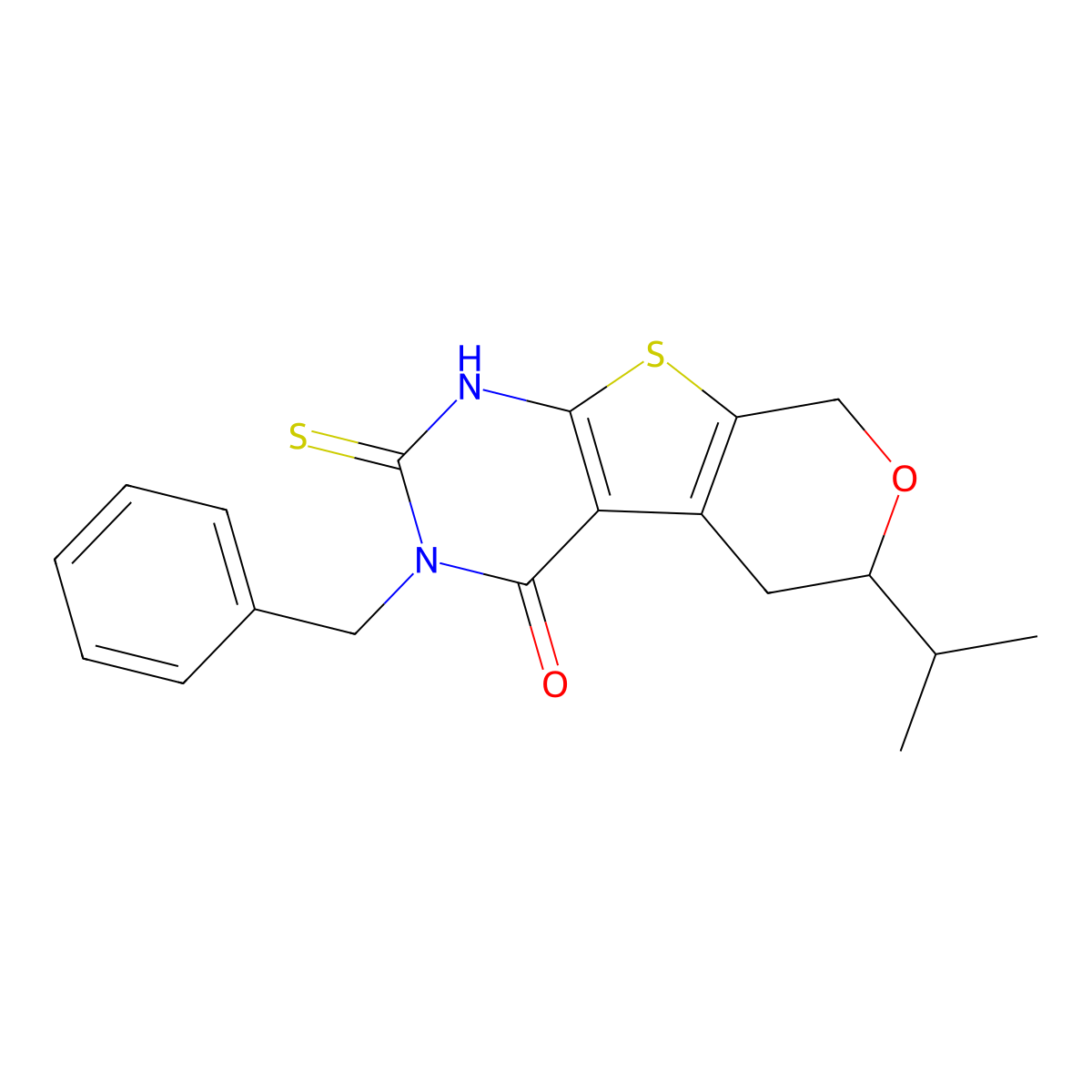 3-benzyl-6-isopropyl-2-thioxo-1,2,3,5,6,8-hexahydro-4H-pyrano[4',3':4,5]thieno[2,3-d]pyrimidin-4-one molecular structure, CAS 371127-30-9