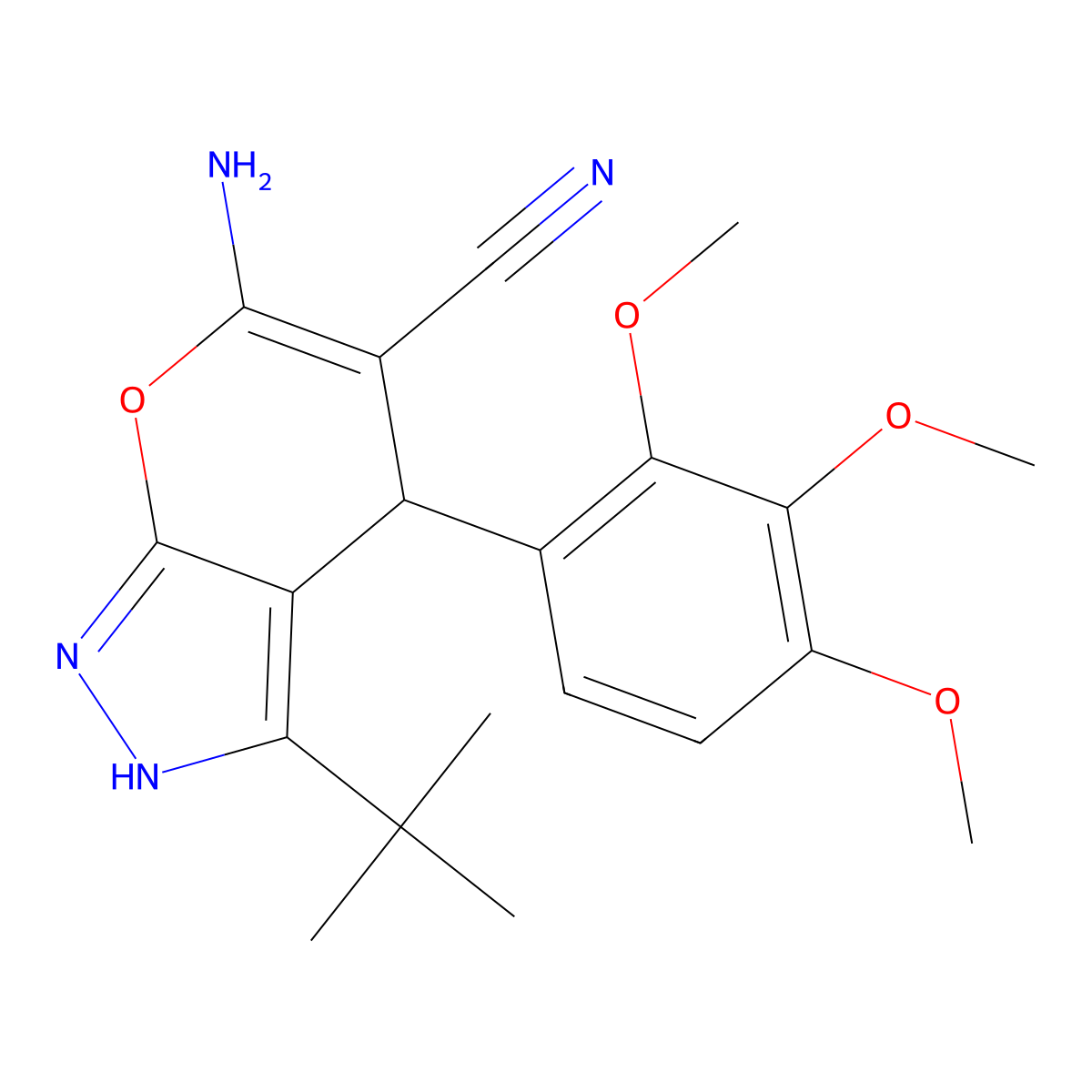 6-Amino-3-tert-butyl-4-(2,3,4-trimethoxyphenyl)-2,4-dihydropyrano[2,3-c]pyrazole-5-carbonitrile molecular structure, CAS 371127-52-5