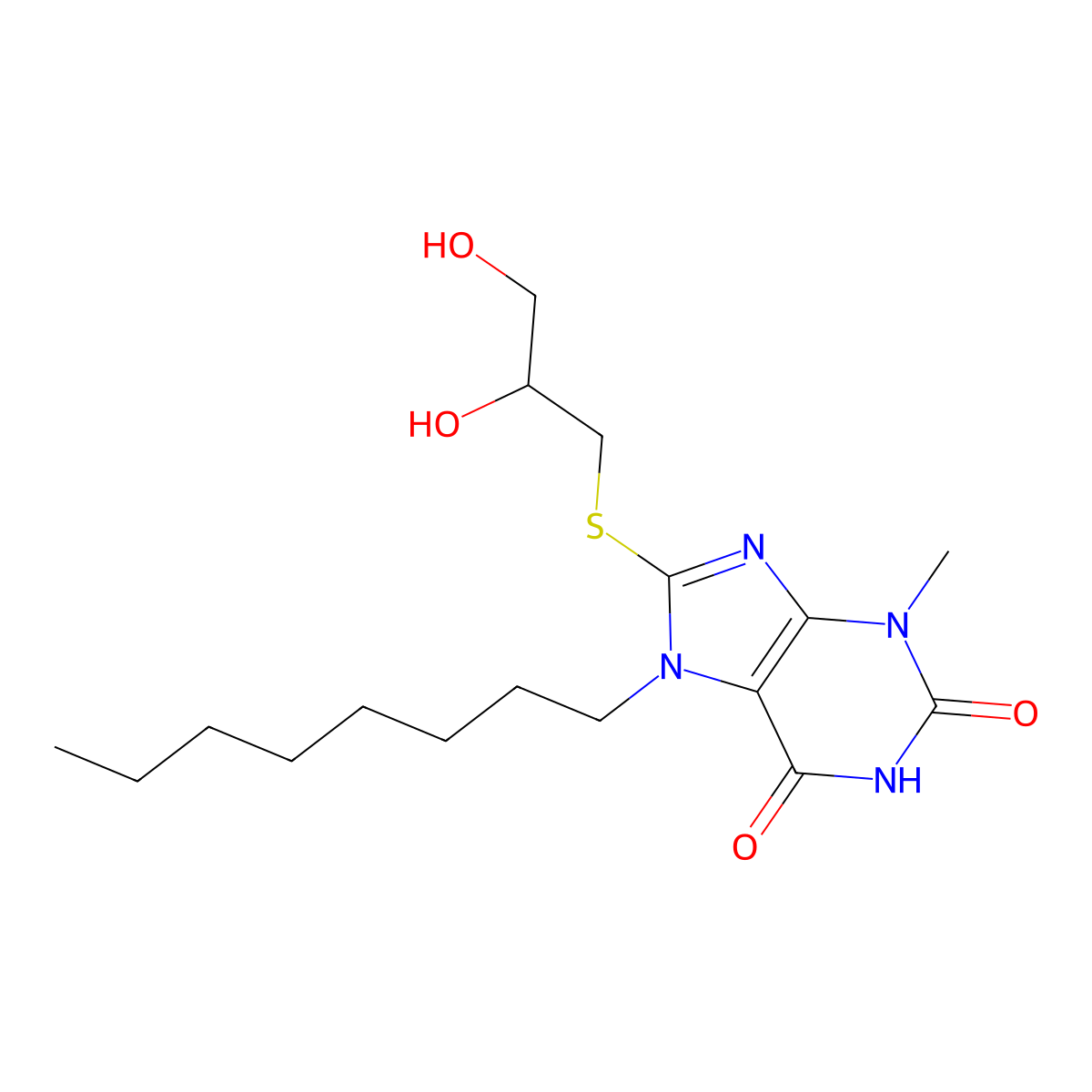 8-((2,3-dihydroxypropyl)thio)-3-methyl-7-octyl-1H-purine-2,6(3H,7H)-dione molecular structure, CAS 371127-58-1
