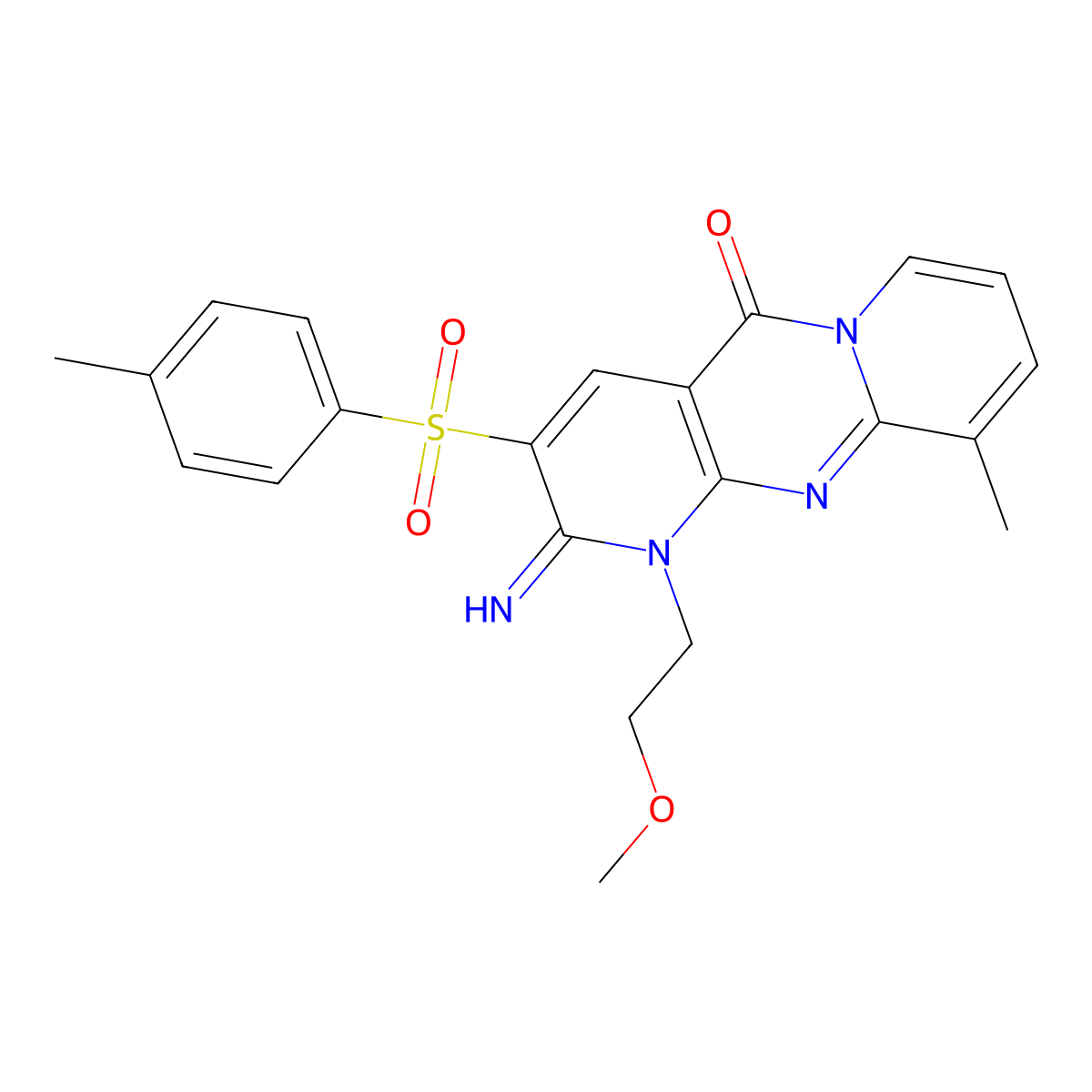 2-Imino-1-(2-methoxyethyl)-10-methyl-3-[(4-methylphenyl)sulfonyl]-1,2-dihydro-5H-dipyrido[1,2-A:2,3-D]pyrimidin-5-one molecular structure, CAS 371128-15-3