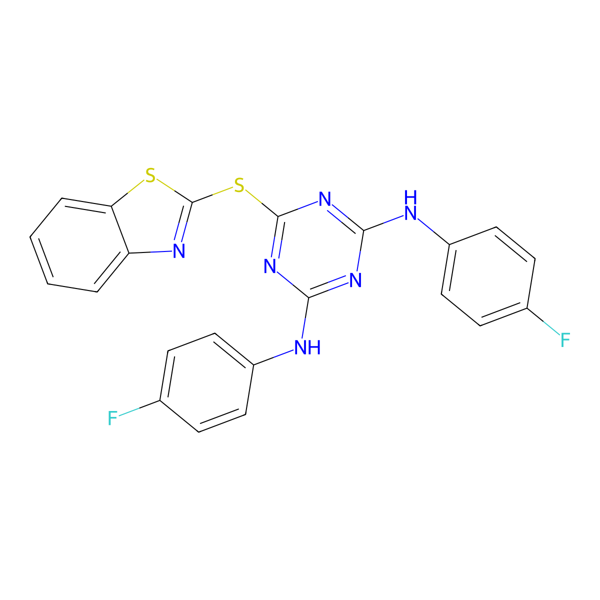 6-(1,3-benzothiazol-2-ylsulfanyl)-N,N'-bis(4-fluorophenyl)-1,3,5-triazine-2,4-diamine molecular structure, CAS 371128-43-7