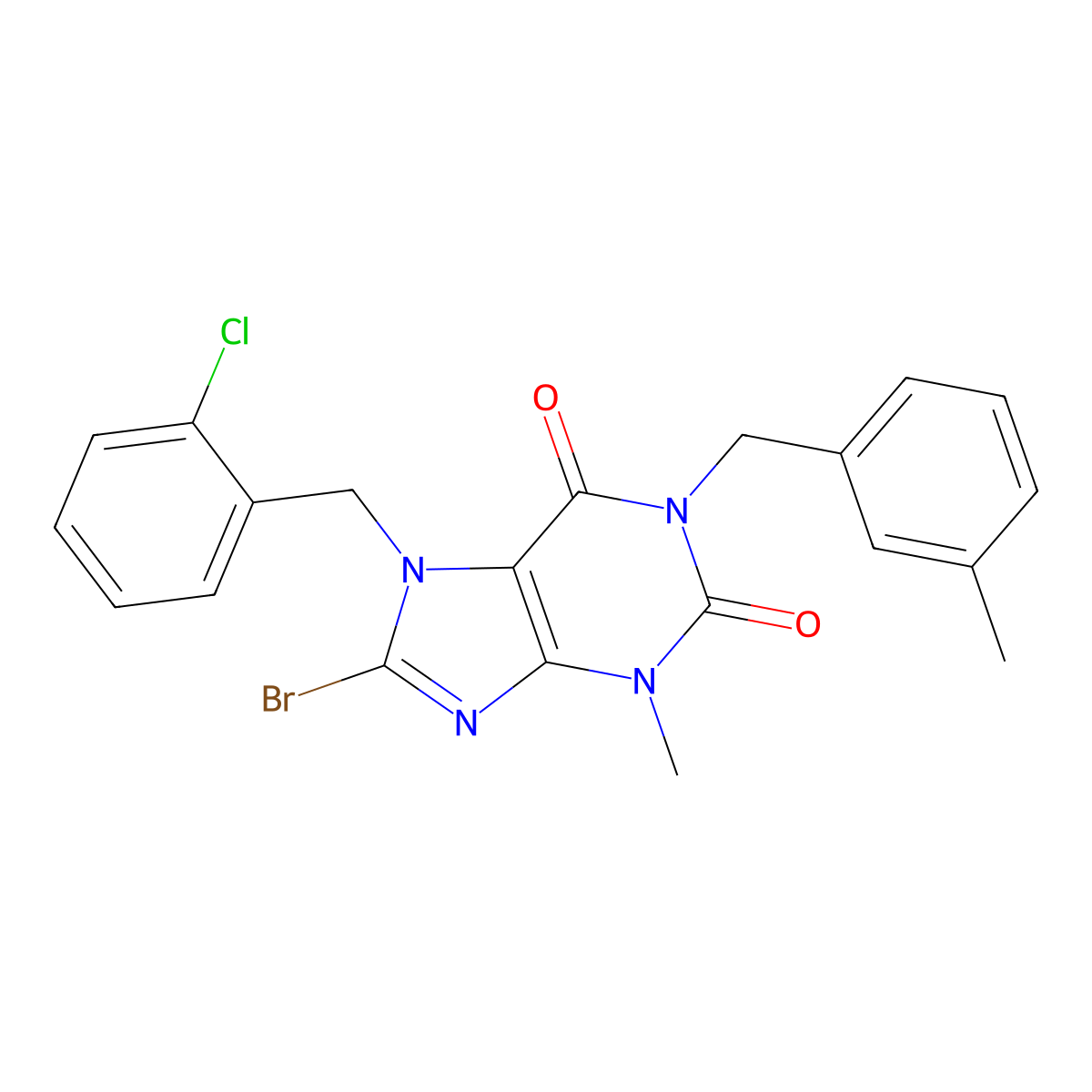 8-Bromo-7-[(2-chlorophenyl)methyl]-3-methyl-1-[(3-methylphenyl)methyl]purine-2,6-dione molecular structure, CAS 371128-51-7