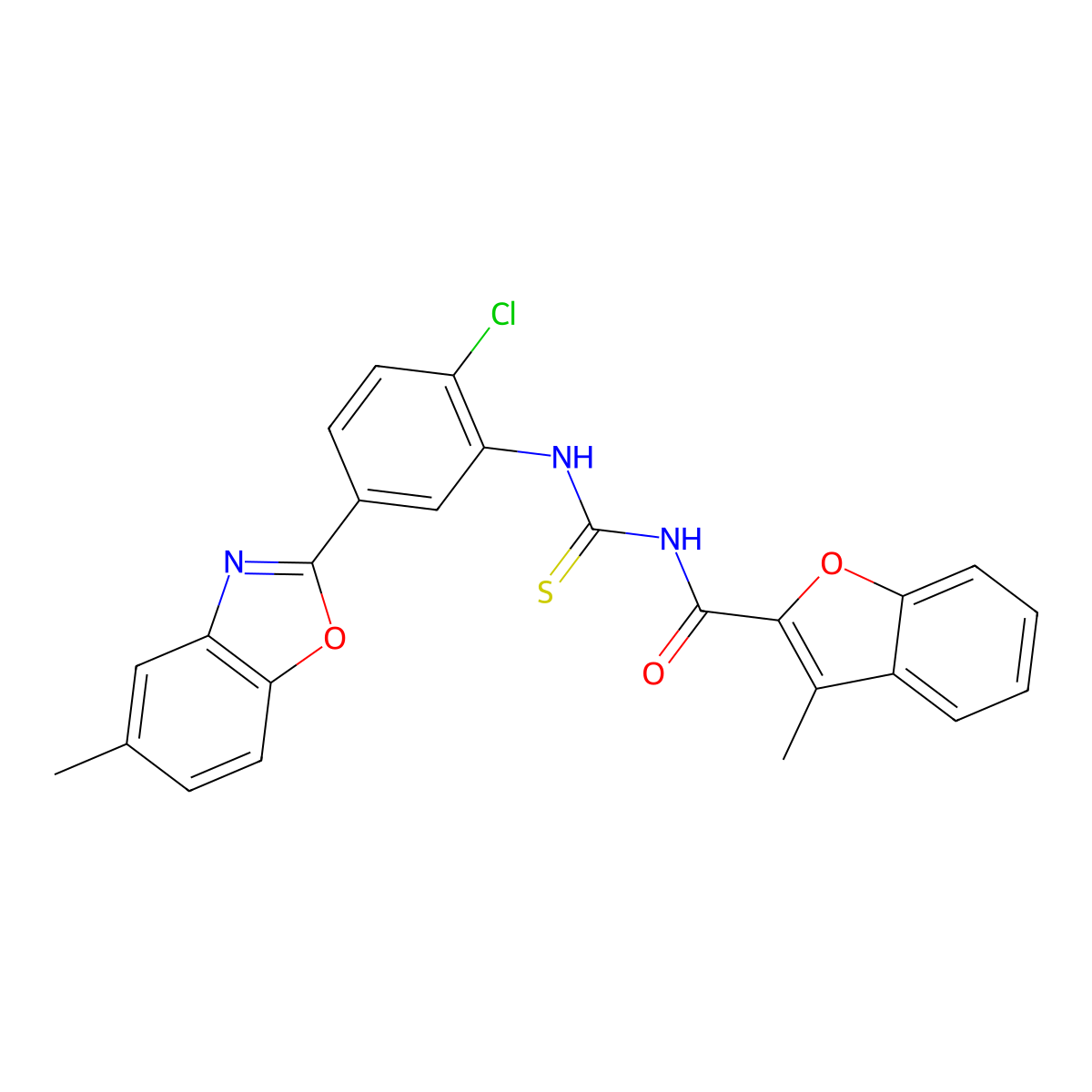 N-[[2-chloro-5-(5-methyl-1,3-benzoxazol-2-yl)phenyl]carbamothioyl]-3-methyl-1-benzofuran-2-carboxamide molecular structure, CAS 371128-57-3