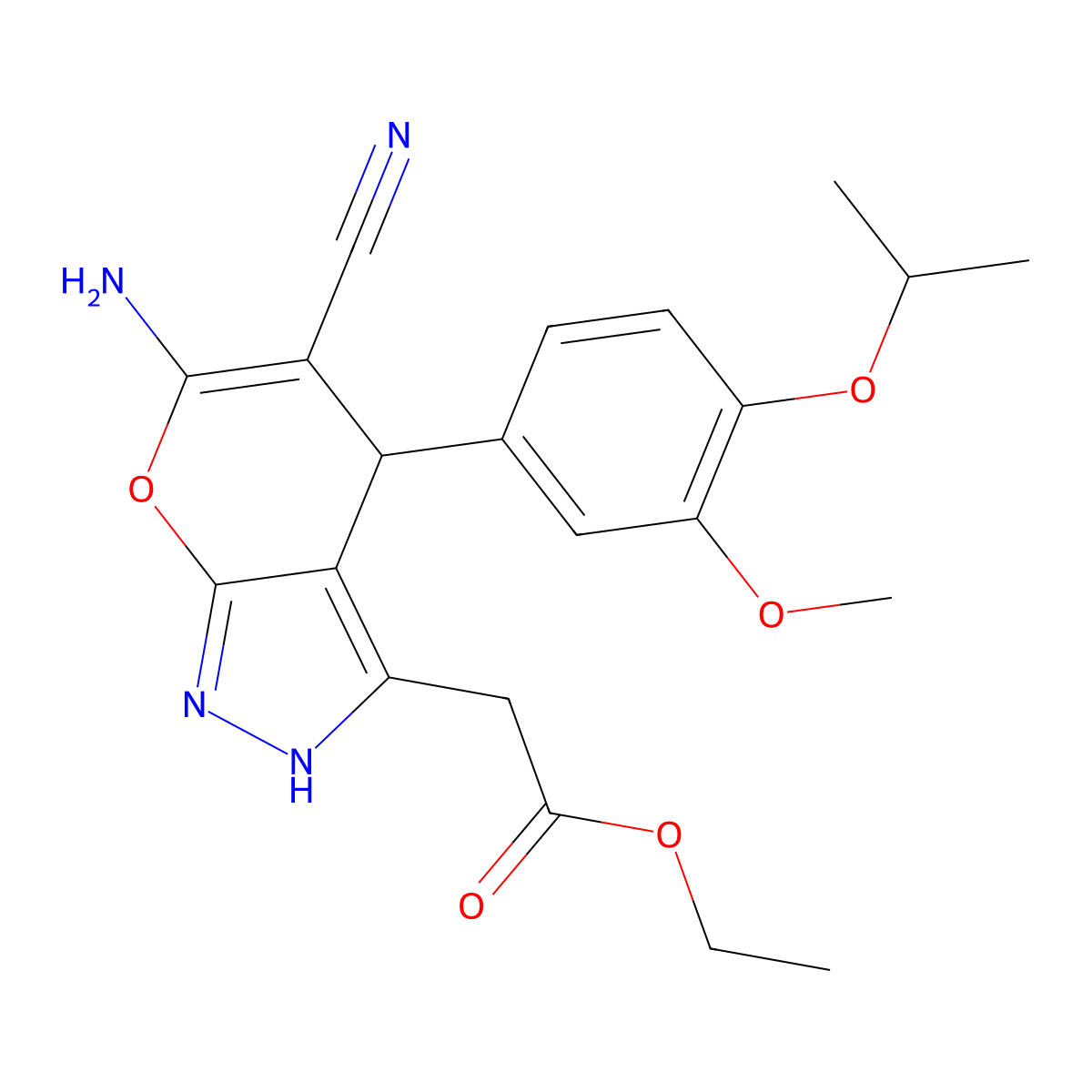 Ethyl 2-[6-amino-5-cyano-4-(3-methoxy-4-propan-2-yloxyphenyl)-2,4-dihydropyrano[2,3-c]pyrazol-3-yl]acetate molecular structure, CAS 371129-00-9