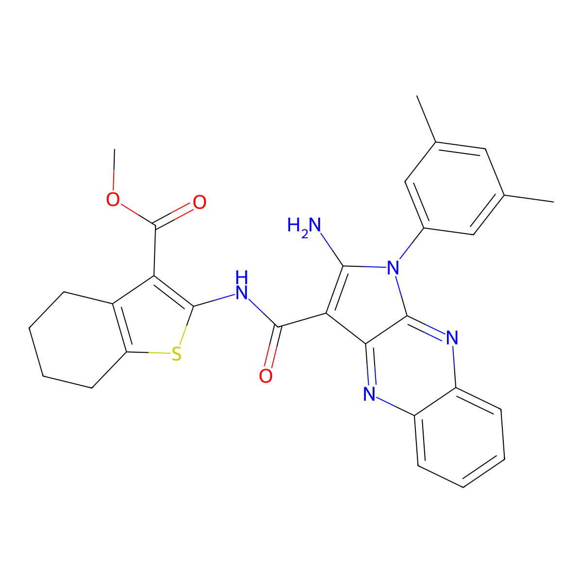 methyl 2-({[2-amino-1-(3,5-dimethylphenyl)-1H-pyrrolo[2,3-b]quinoxalin-3-yl]carbonyl}amino)-4,5,6,7-tetrahydro-1-benzothiophene-3-carboxylate molecular structure, CAS 371129-03-2