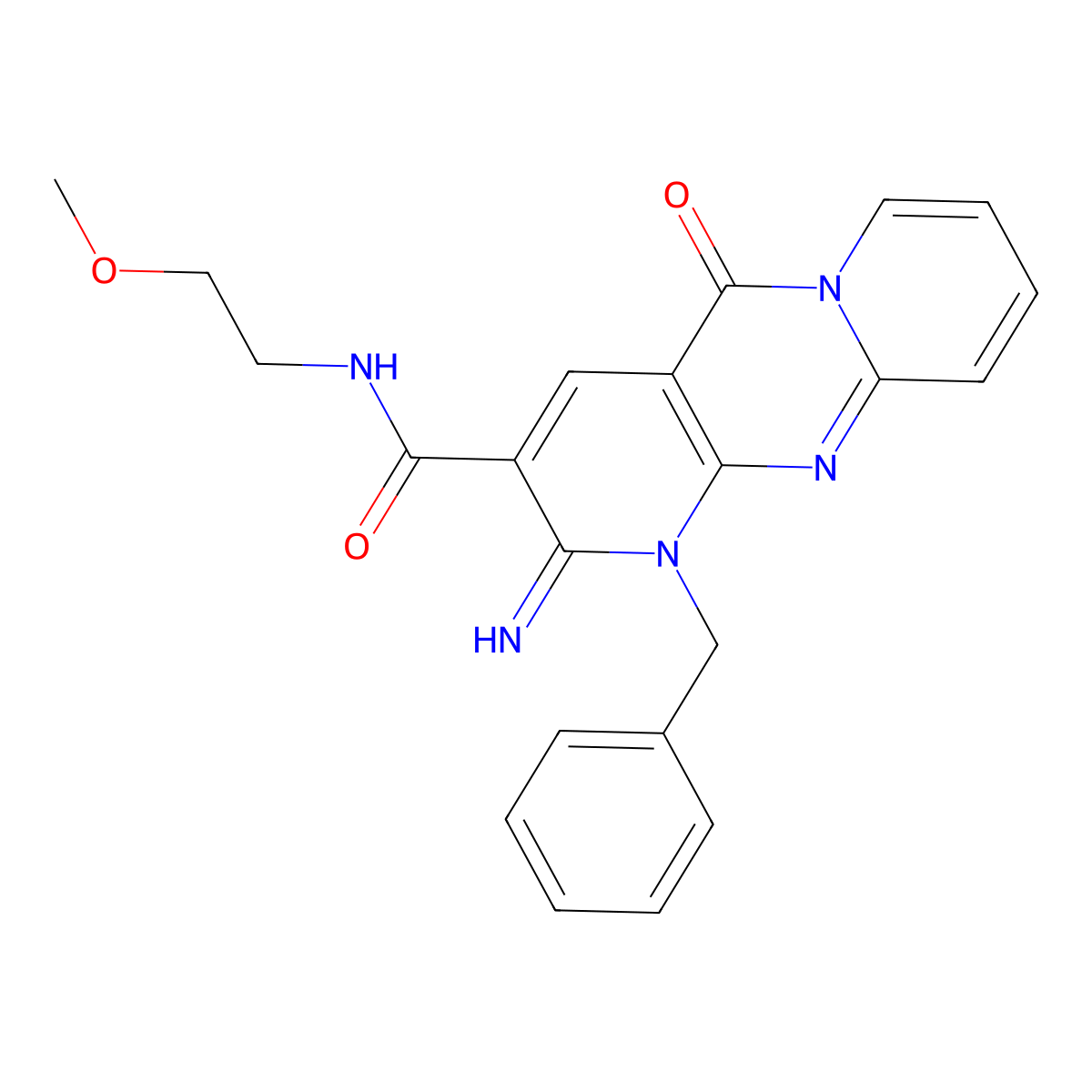 [2-imino-5-oxo-1-benzyl(1,6-dihydropyridino[1,2-a]pyridino[2,3-d]pyrimidin-3-y l)]-N-(2-methoxyethyl)carboxamide molecular structure, CAS 371129-04-3