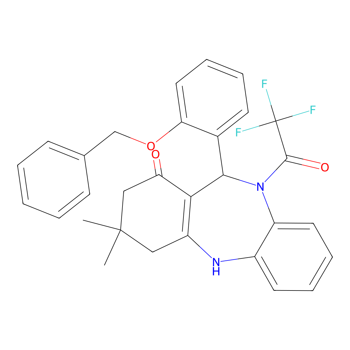 9,9-Dimethyl-6-(2-phenylmethoxyphenyl)-5-(2,2,2-trifluoroacetyl)-6,8,10,11-tetrahydrobenzo[b][1,4]benzodiazepin-7-one molecular structure, CAS 371129-20-3