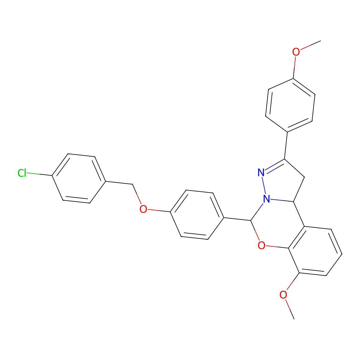 5-{4-[(4-Chlorobenzyl)oxy]phenyl}-7-methoxy-2-(4-methoxyphenyl)-1,10b-dihydropyrazolo[1,5-c][1,3]benzoxazine molecular structure, CAS 371131-46-3