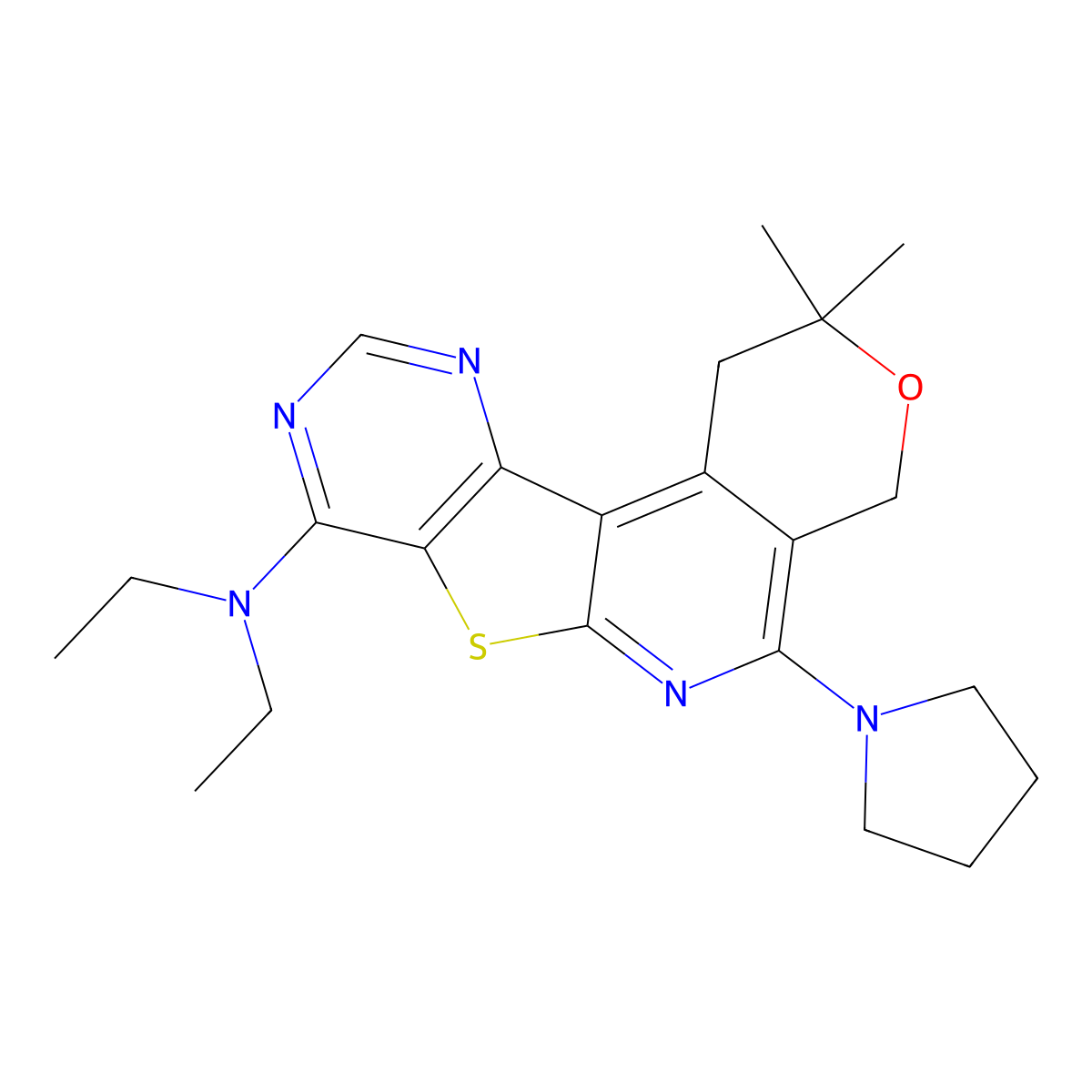N,N-diethyl-2,2-dimethyl-5-(pyrrolidin-1-yl)-2,4-dihydro-1H-pyrano[4'',3'':4',5']pyrido[3',2':4,5]thieno[3,2-d]pyrimidin-8-amine molecular structure, CAS 371132-84-2