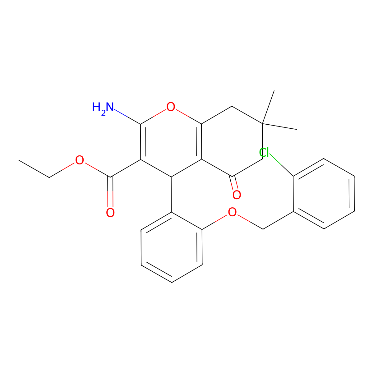 ethyl 2-amino-4-[2-[(2-chlorophenyl)methoxy]phenyl]-7,7-dimethyl-5-oxo-6,8-dihydro-4H-chromene-3-carboxylate molecular structure, CAS 371132-90-0