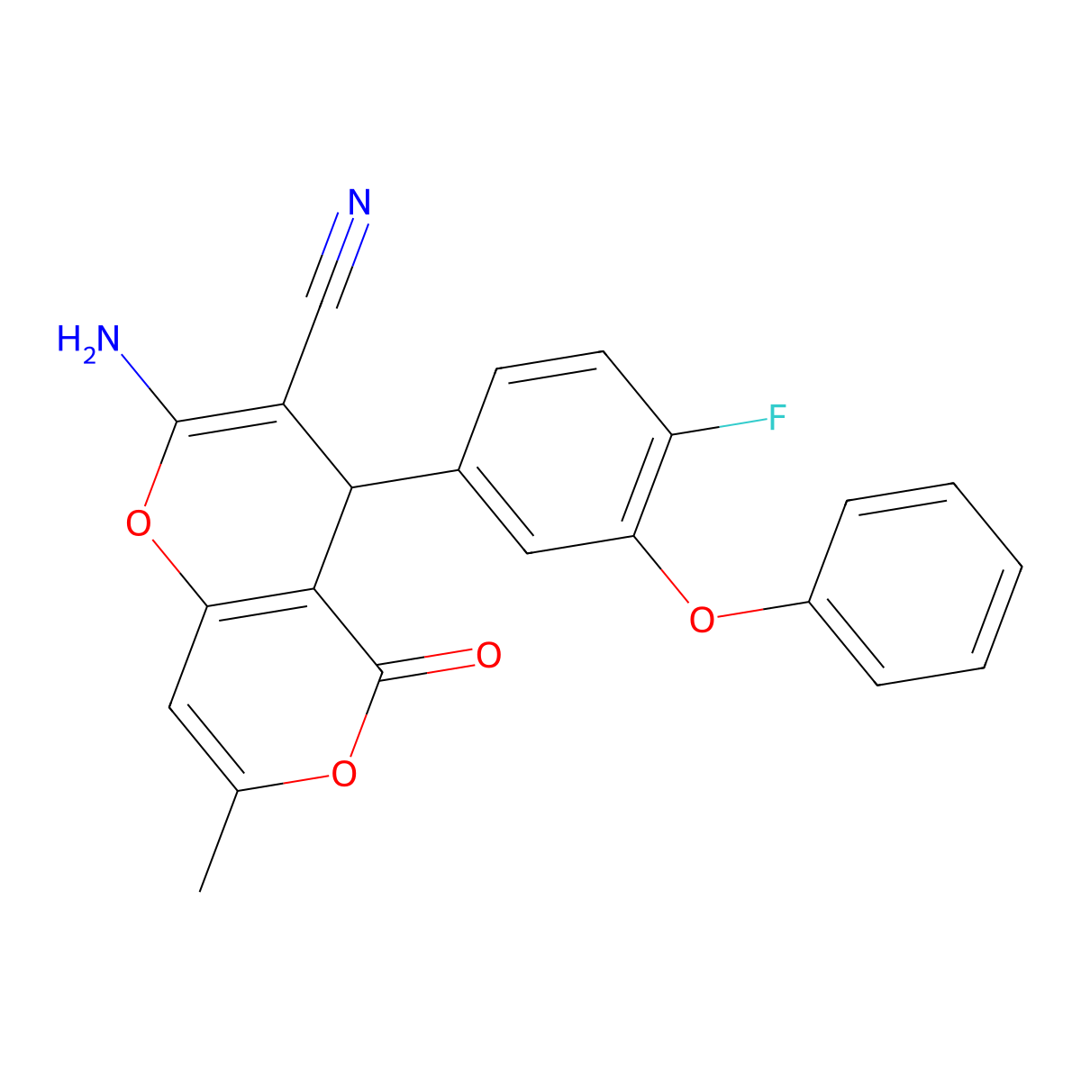 2-amino-4-(4-fluoro-3-phenoxyphenyl)-7-methyl-5-oxo-4H-pyrano[3,2-c]pyran-3-carbonitrile molecular structure, CAS 371133-06-1