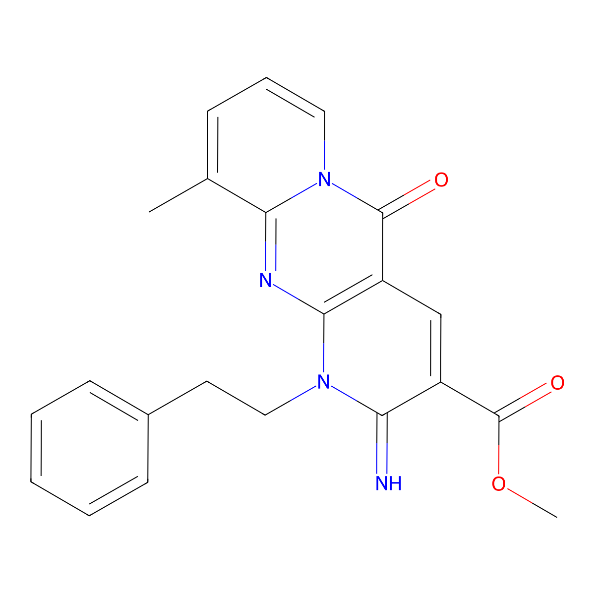 methyl 2-imino-10-methyl-5-oxo-1-(2-phenylethyl)-1,5-dihydro-2H-dipyrido[1,2-a:2',3'-d]pyrimidine-3-carboxylate molecular structure, CAS 371133-25-4