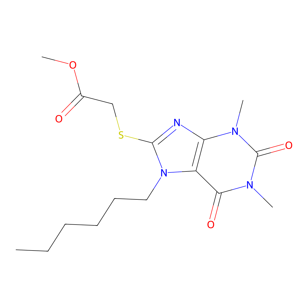 Methyl 2-(7-hexyl-1,3-dimethyl-2,6-dioxopurin-8-yl)sulfanylacetate molecular structure, CAS 371134-02-0