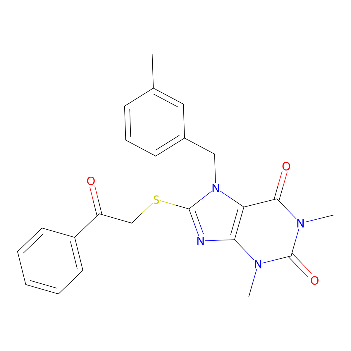 1,3-dimethyl-7-(3-methylbenzyl)-8-((2-oxo-2-phenylethyl)thio)-1H-purine-2,6(3H,7H)-dione molecular structure, CAS 371134-23-5